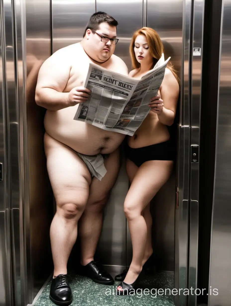 A shirtless chubby man wearing shorts and black shoes reading the newspaper in an elevator next to women, viewed from outside the elevator.