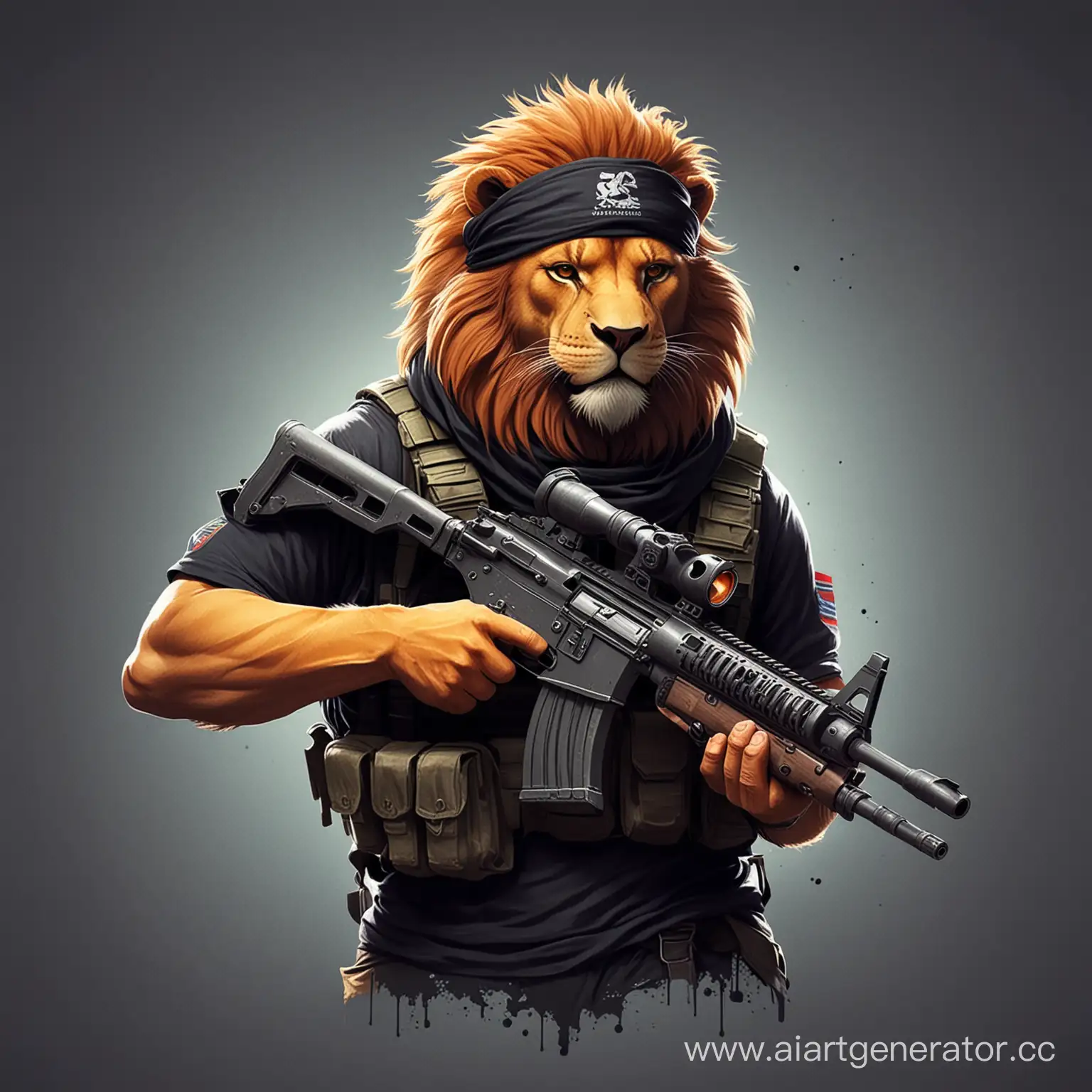 Создай минималистичную и красочную аватарку для игры в "Counter Strike".
Изобрази льва в черной бандане, с тяжёлым пулеметом.