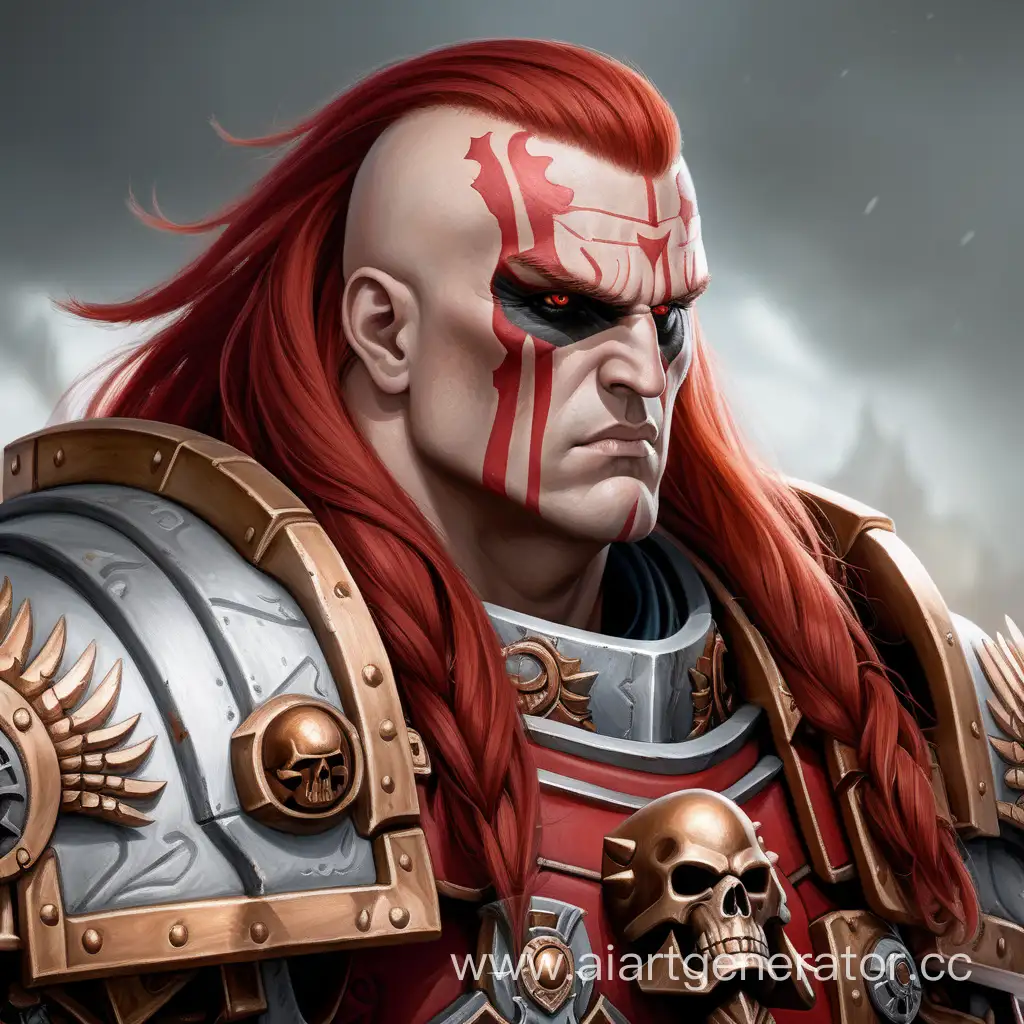 Примарх Варвар, красные волосы бритый с боков и белые глаза, красная одежда. бронзовые доспехи с костями, warhammer 40000, портрет, симметрия