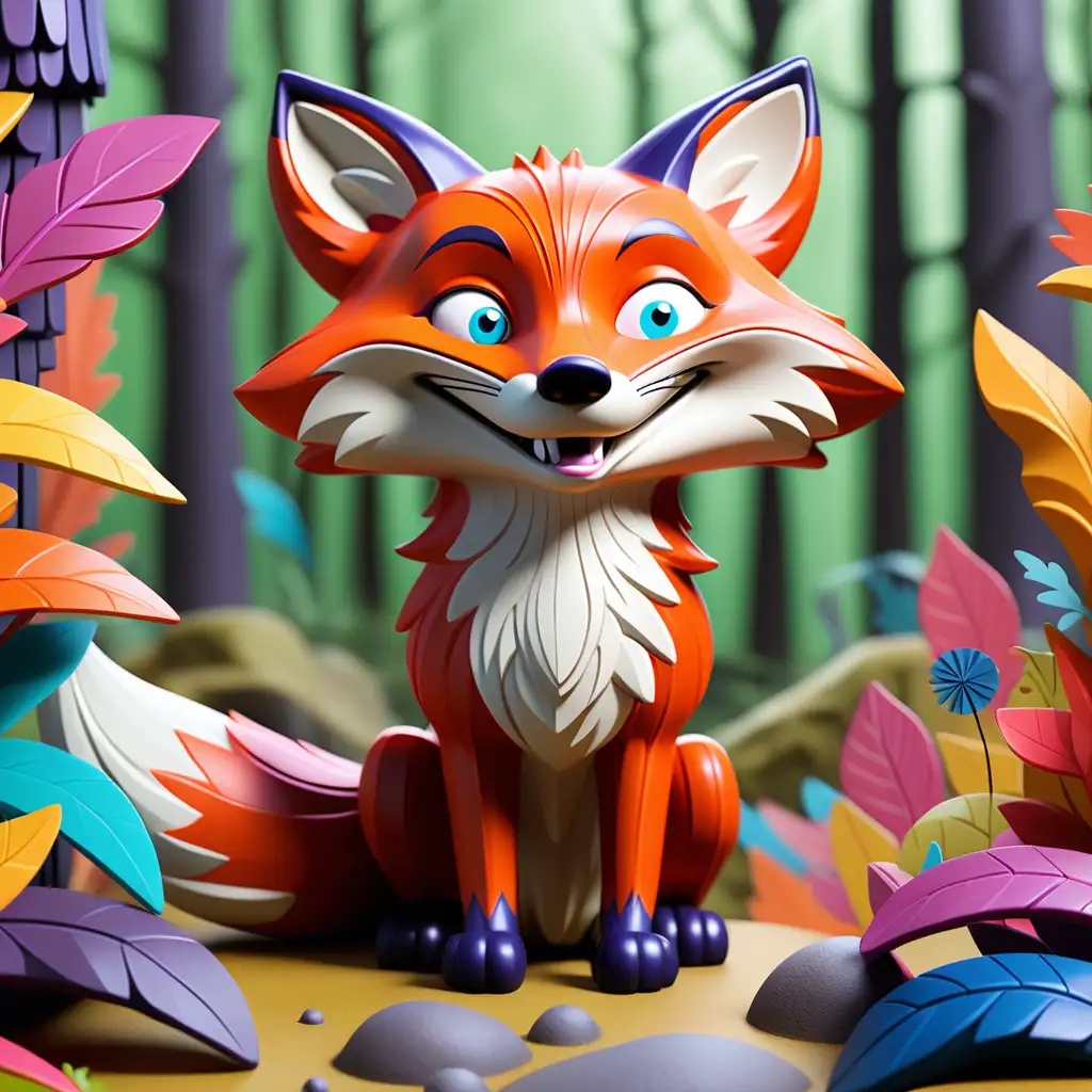 Show Felix the colorful fox reflecting on his experience with a content and wise expression, surrounded by the beauty of the colorful forest , symbolizing growth and realization.