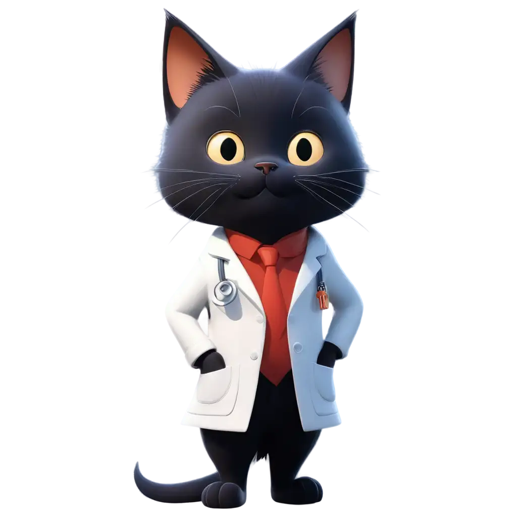 Black cat characterized as a children's doctor, boasting 3D realism, adorned in a crisp white medical coat, wielding a stethoscope, positioned against an infinity of outer space that merges into a vanishing point, parallel to a cosmic super highway, emphasized by the illusion of high speed, digital render, digital painting, reminiscent of Beeple, Noah Bradley, Cyril Rolando, Ross Tran, trending on ArtStation, volumetric lighting, cinematic. Filter: Saturated Space