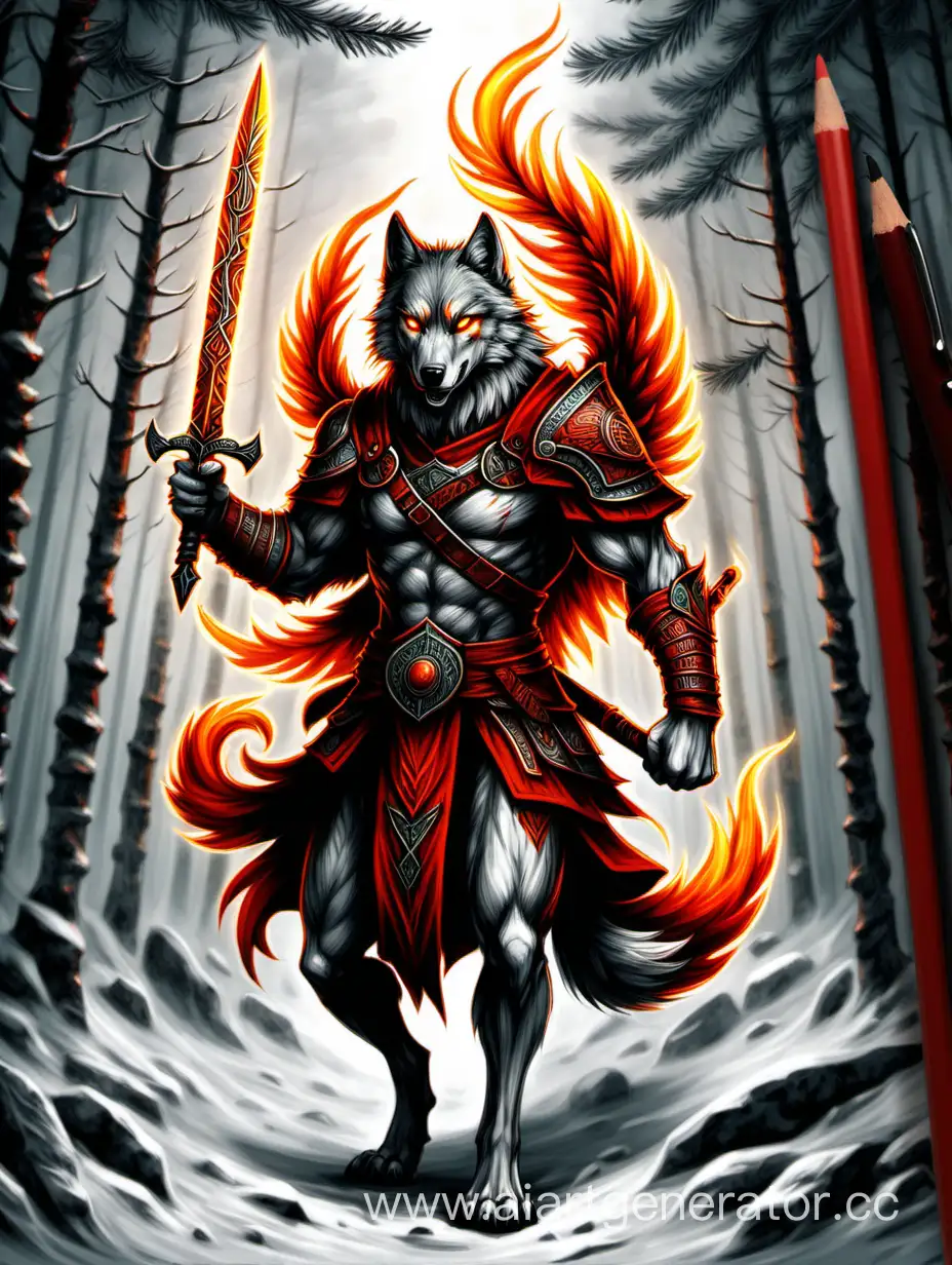Draw a vertical coloured image, it should be with the use of ancient runes, there should be a warrior simargl - it is a wolf with fiery wings, dense coniferous forests. The image should be predominantly dark shades with bright colours in some elements. In the hands of the warrior should be two blades 