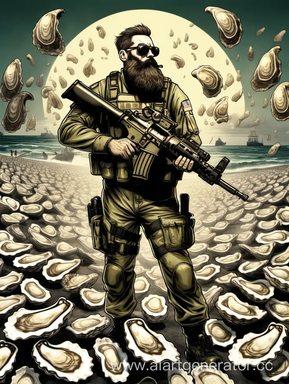 A military oyster with a beard, sunglasses and an assault rifle in his hands. in the background there is a halo of oyster shells