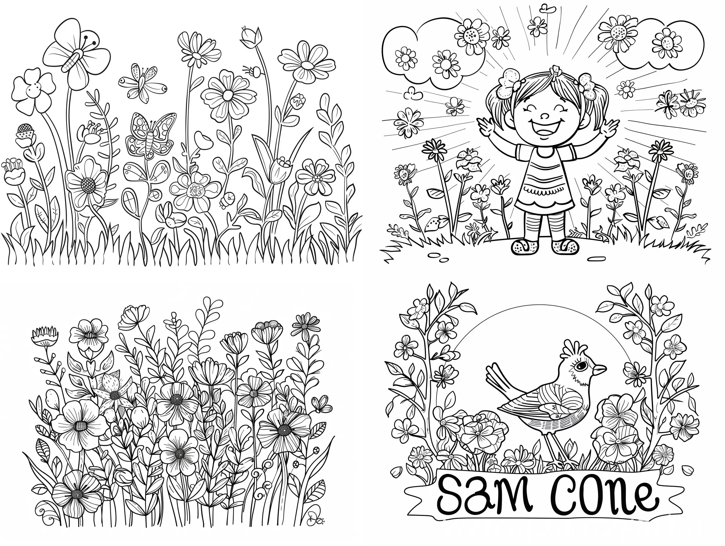 coloring page for kids,low detailed, simply cartoon style, isolated, funny, spring is coming
