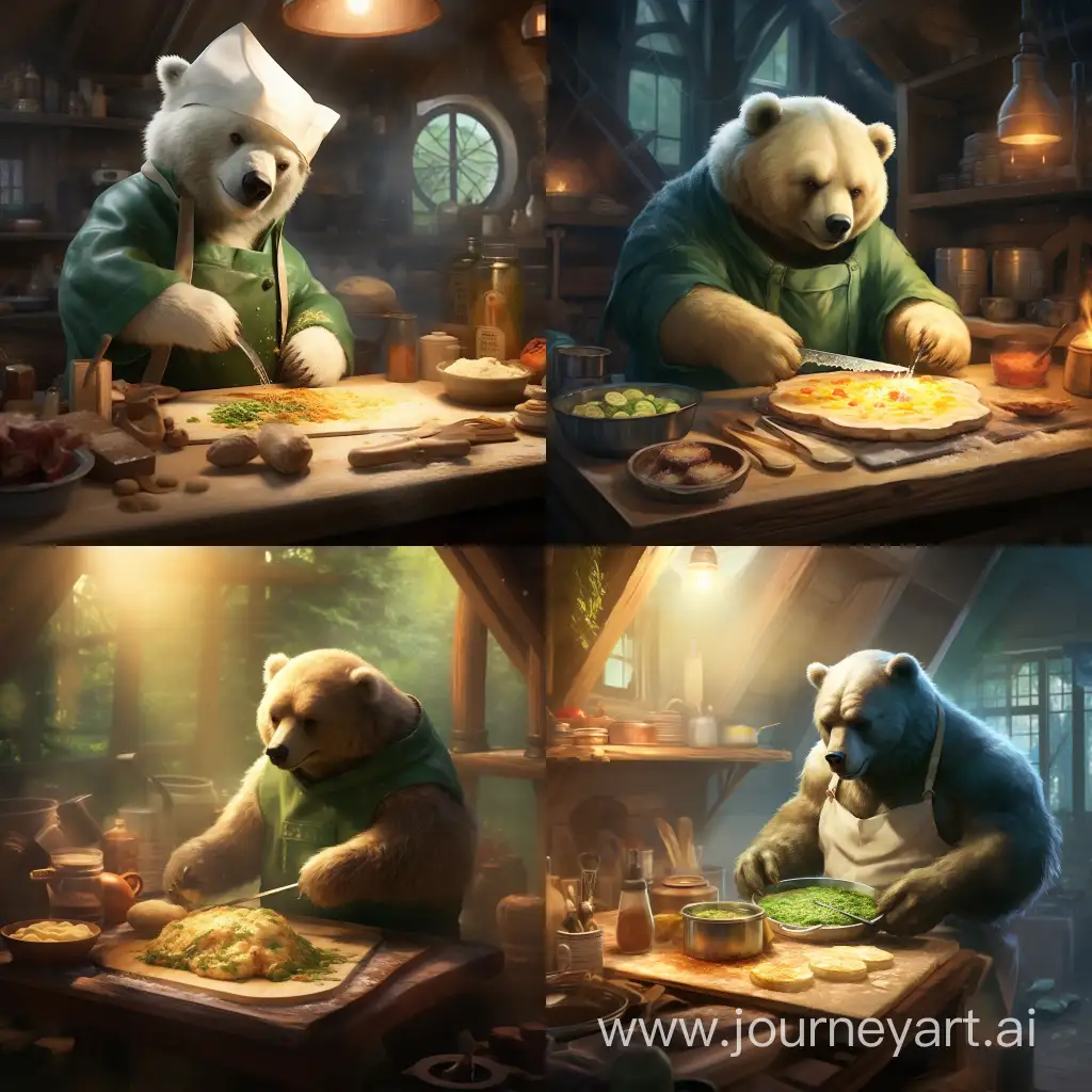 a realistic photo of a green bear making pizza