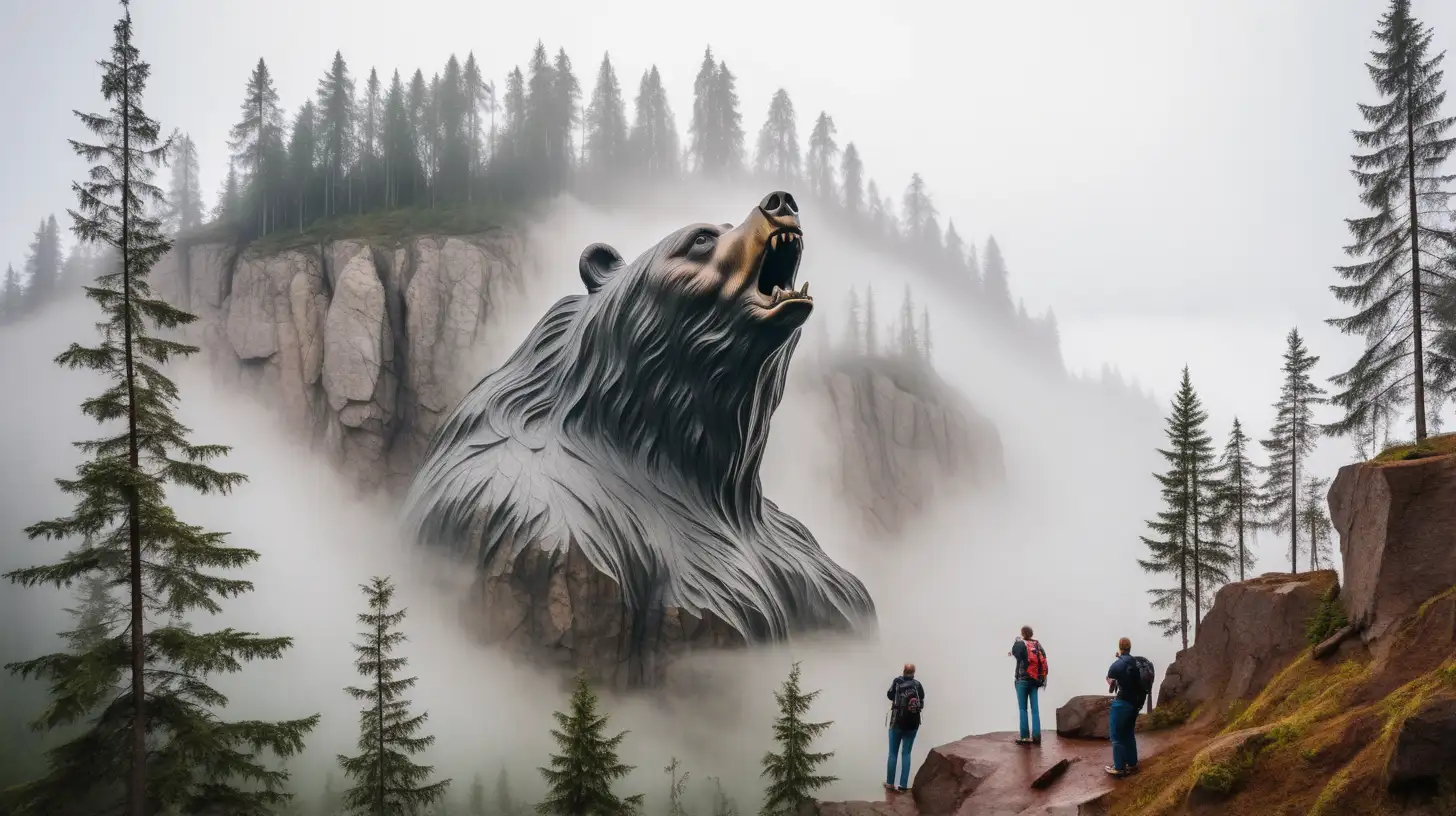 огромный барельеф  медведя в скале  возвышается над лесом на скале в тумане, на переднем плане елки под ними туристы

 . фотография карельской горы