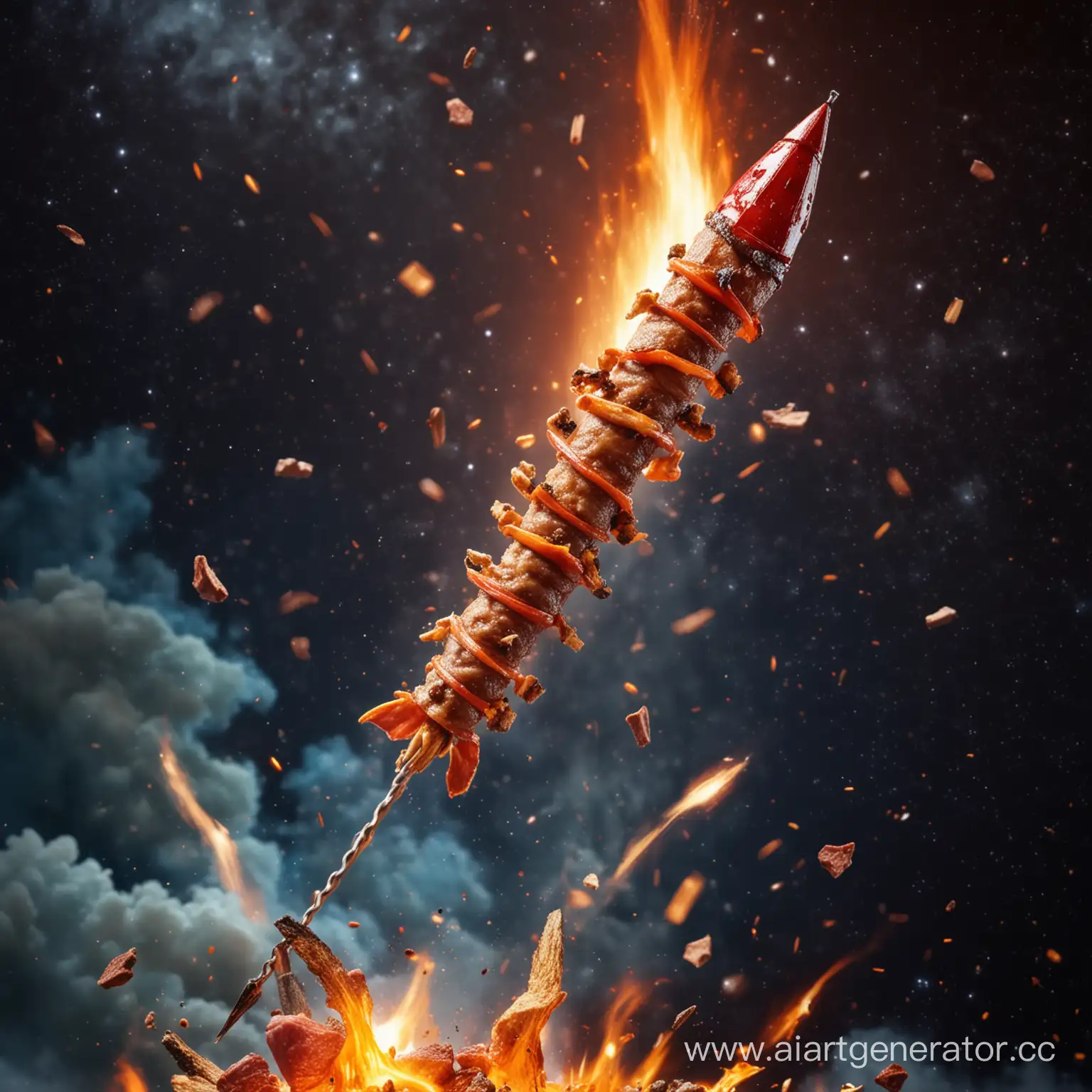 Ракета в виде шампура с кусками мяса в космосе на фоне огня