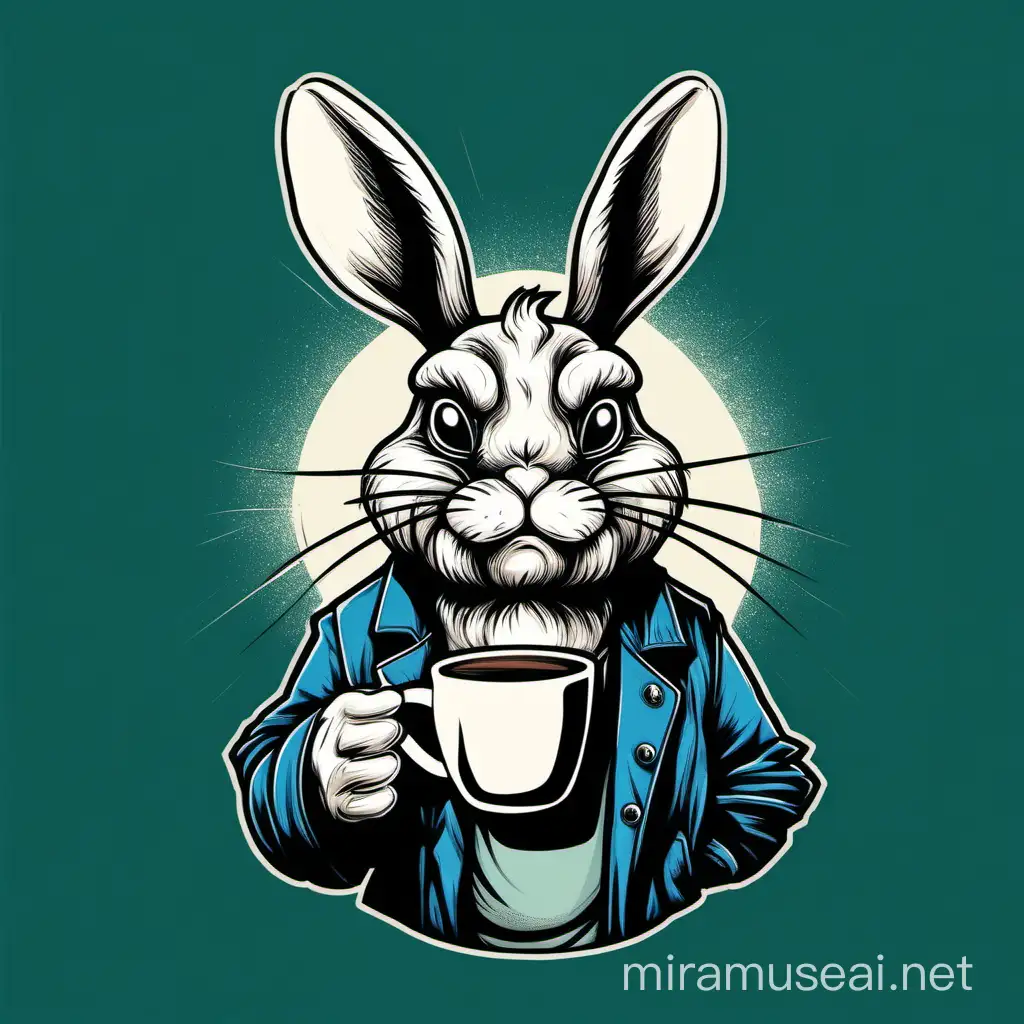 grumpy rabbit with a coffe cup in its hand for a tshirt design