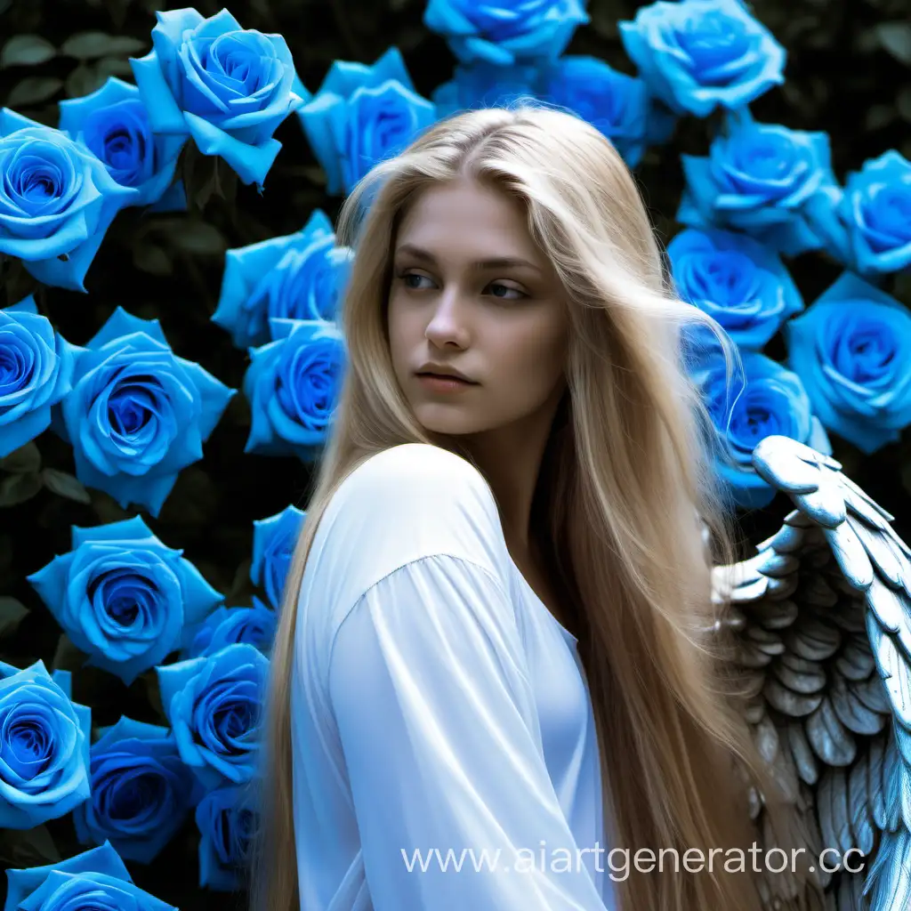 Ангел с длинными русыми волосами на фоне синих роз