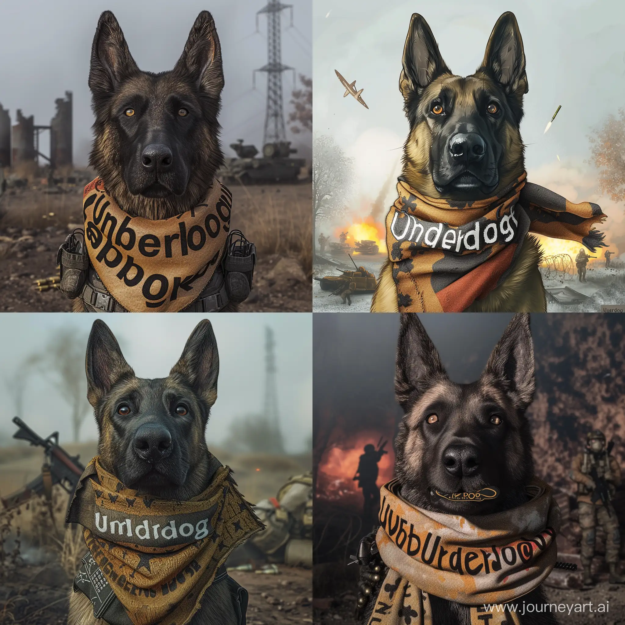 Belgian malinois dog, realistic, wearing scarf around its neck that displays the word “Underdog”, war environment in the backround