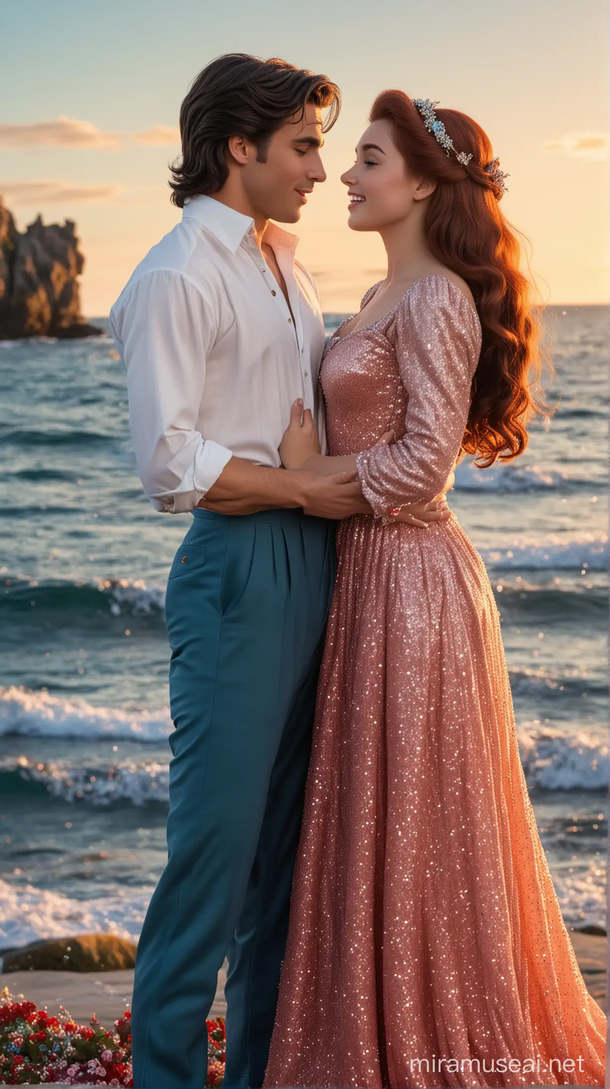 in a sea natural background there are prince eric is danish 21-year-old with short black hair and white shirt and dark blue trousers and princess disney ariel is 16-year-old danish girl and red long hair and long light blue glitter beautiful dress, happy couple kissing