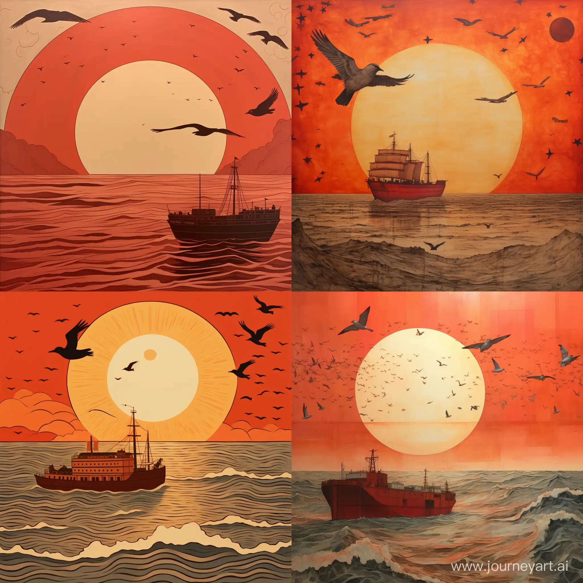 red sun, beach near sea, birds in flight, a large brown container ship from the side, a small wooden single-person boat