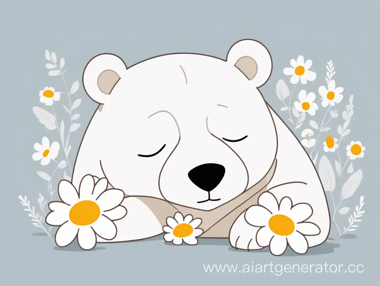 Уставший милый и спокойный белый медведь отдыхает. Вокруг цветочки мудрости. Минималистический стиль.