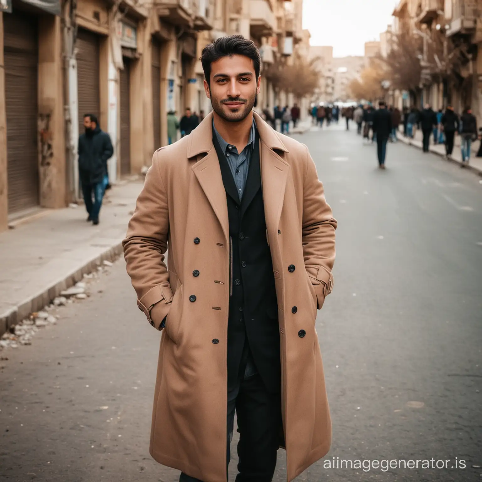 A handsome man in coat in Iran in street