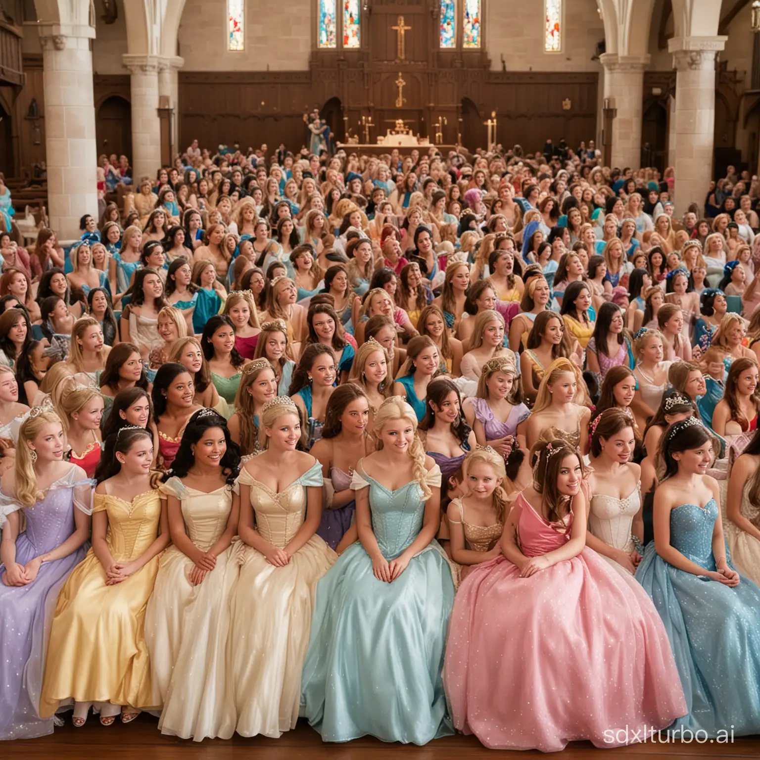 Multidão de princesas da Disney reunidas sentadas na igreja