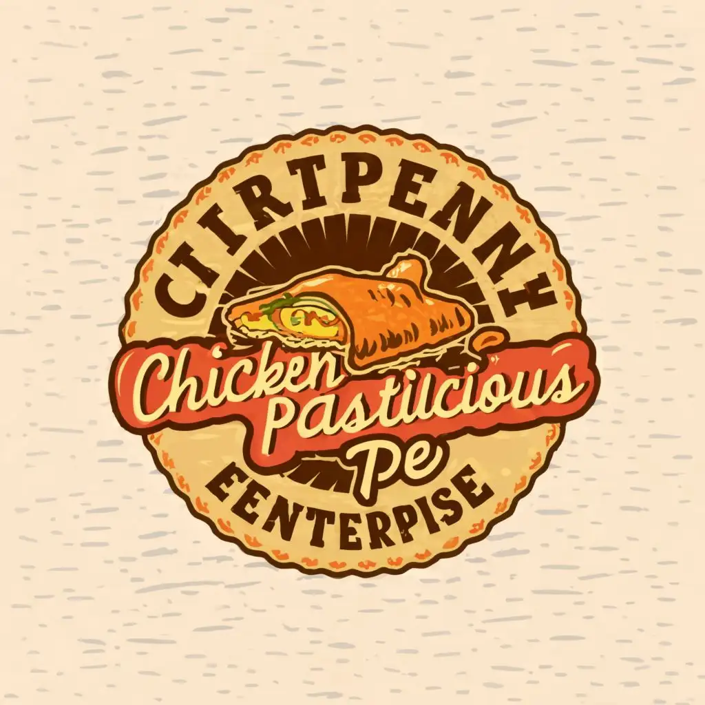 logo, very thin crispy rectangular homemade pie, filling inside with chicken pastil or shredded chicken, dont put name in the center, emphasize more the product, with the text "chicken pastilicious pie enterprise", typography, be used in Restaurant industry