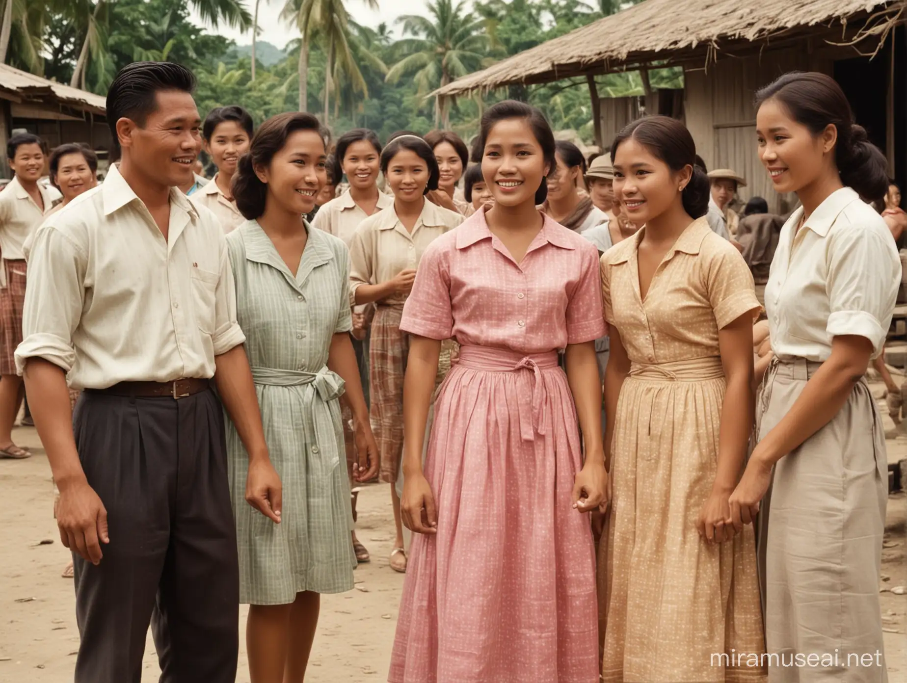 A young Filipina being invited to a rural village feast in the Philippines, she is accompanied by one female friend, they are greeted by middle-aged parents, some of the old neighbors are gawking suspiciously at them, colored 1950s era Philippines, cinematic,