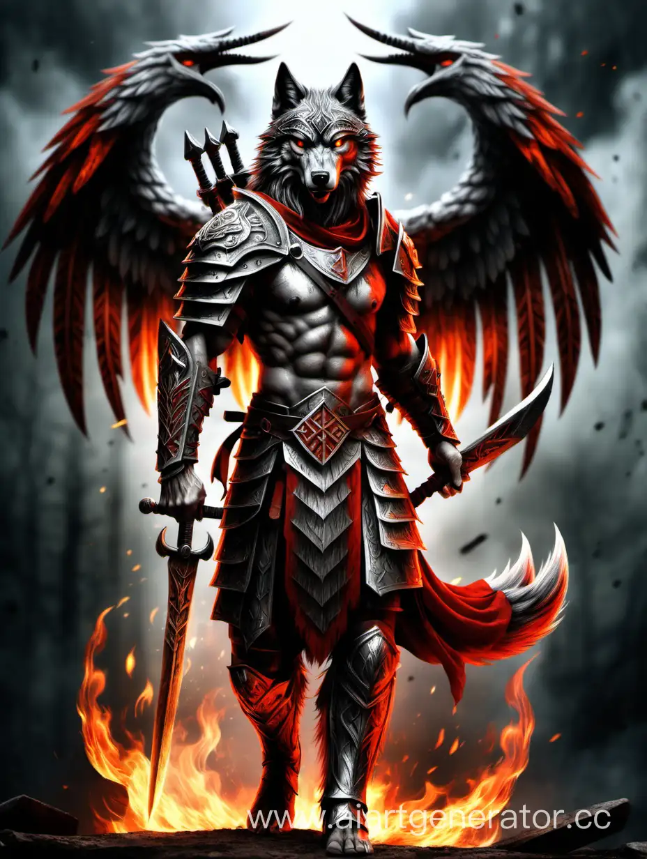 Draw a warrior with a wolf head and fiery wings the image should be dark with bright contrasting colours, on the armour of the warrior you need to display the ancient Slavic runes and the symbol of the wolf