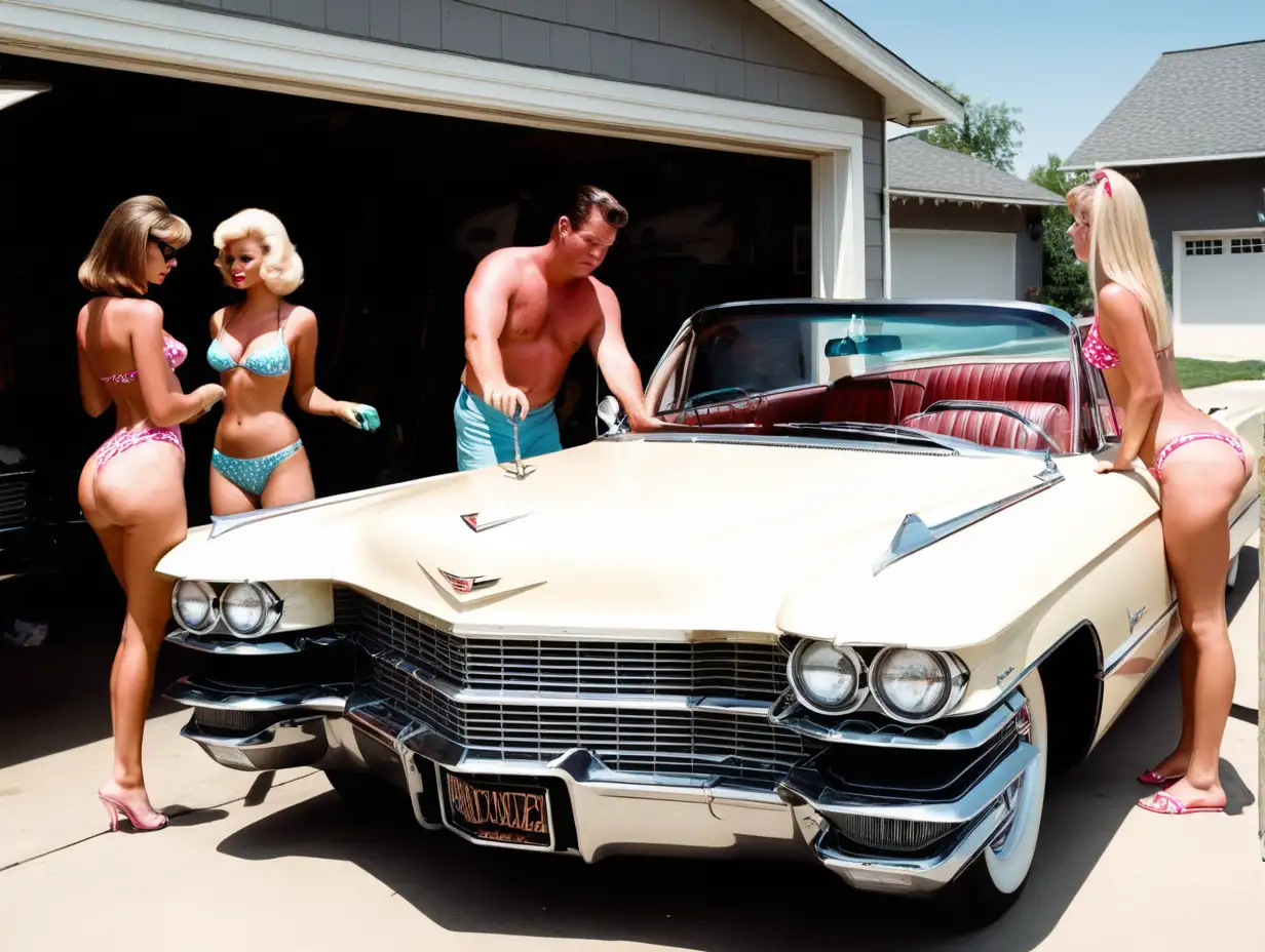 I garaget jobbar två killar med att laga en cadillac från 1960-Talet flickorna står utanför garaget i bikini
