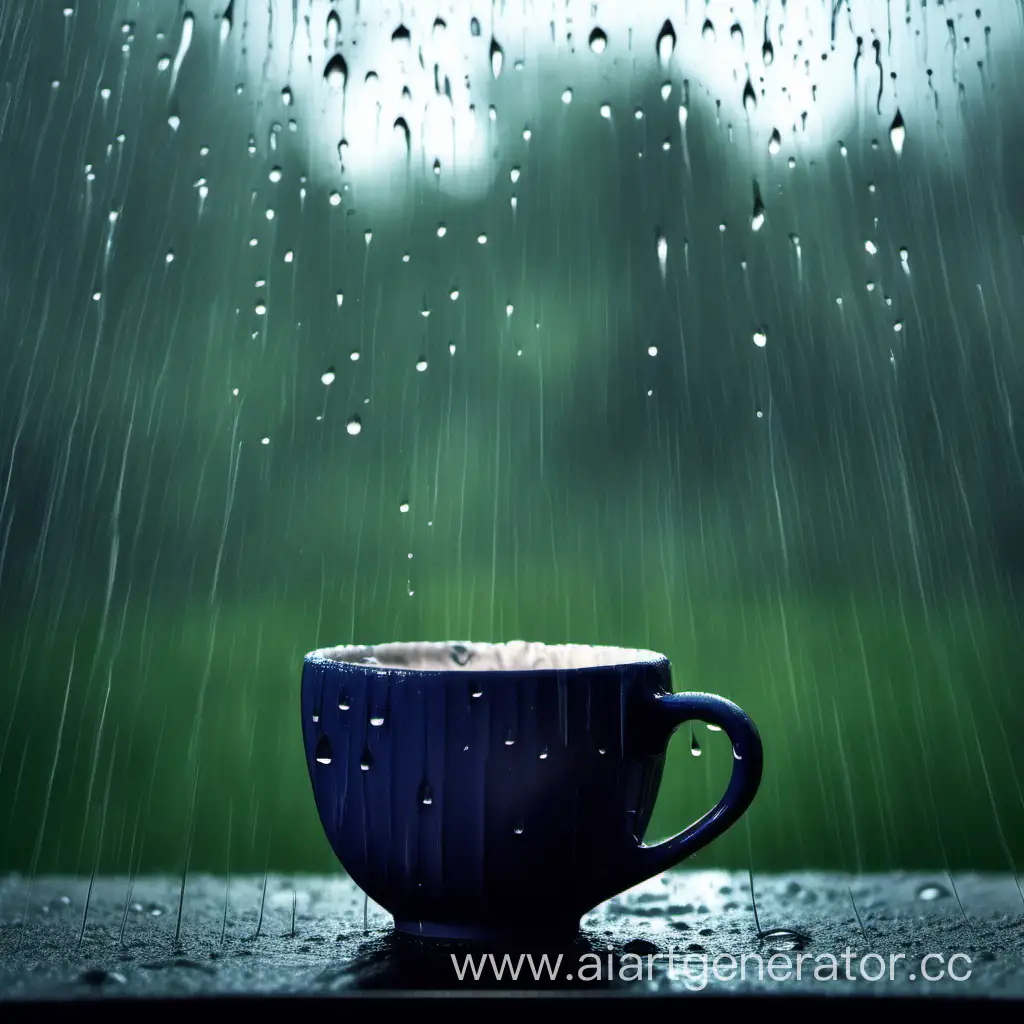 Грустная кружка на фоне дождя
