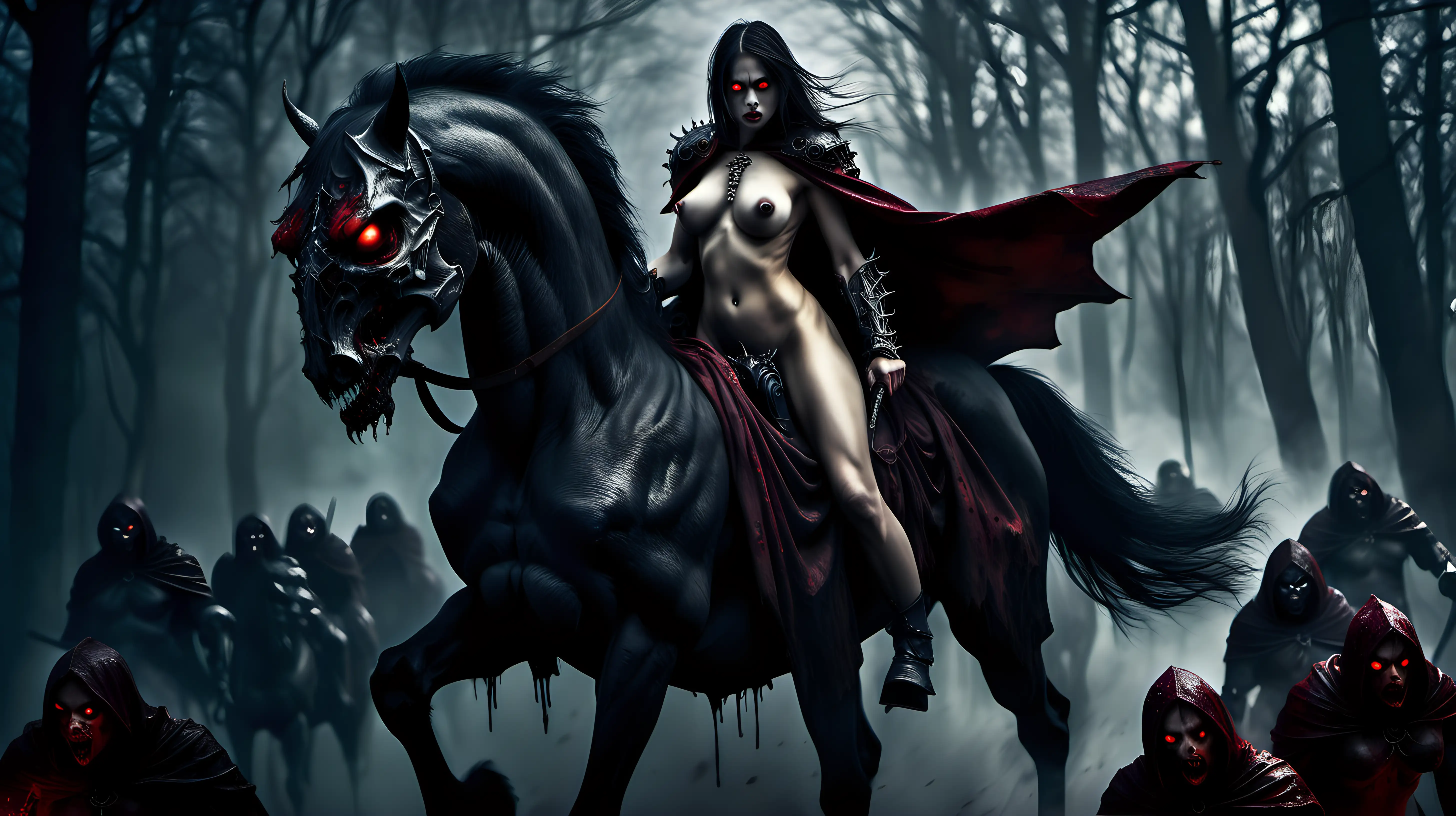 women riding dark armored horse, naked, muscular, evil, cape, bloody, night, evil forest, bloody, dark fantasy, holding skull in hand, red eyes, dark magic, mist, female minions,