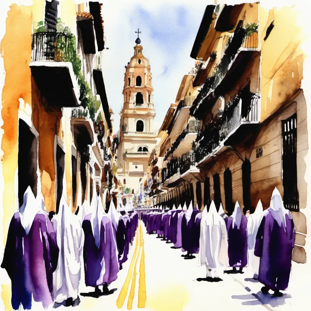 Holy Week Processions in Malaga Vibrant Watercolor Street Scene