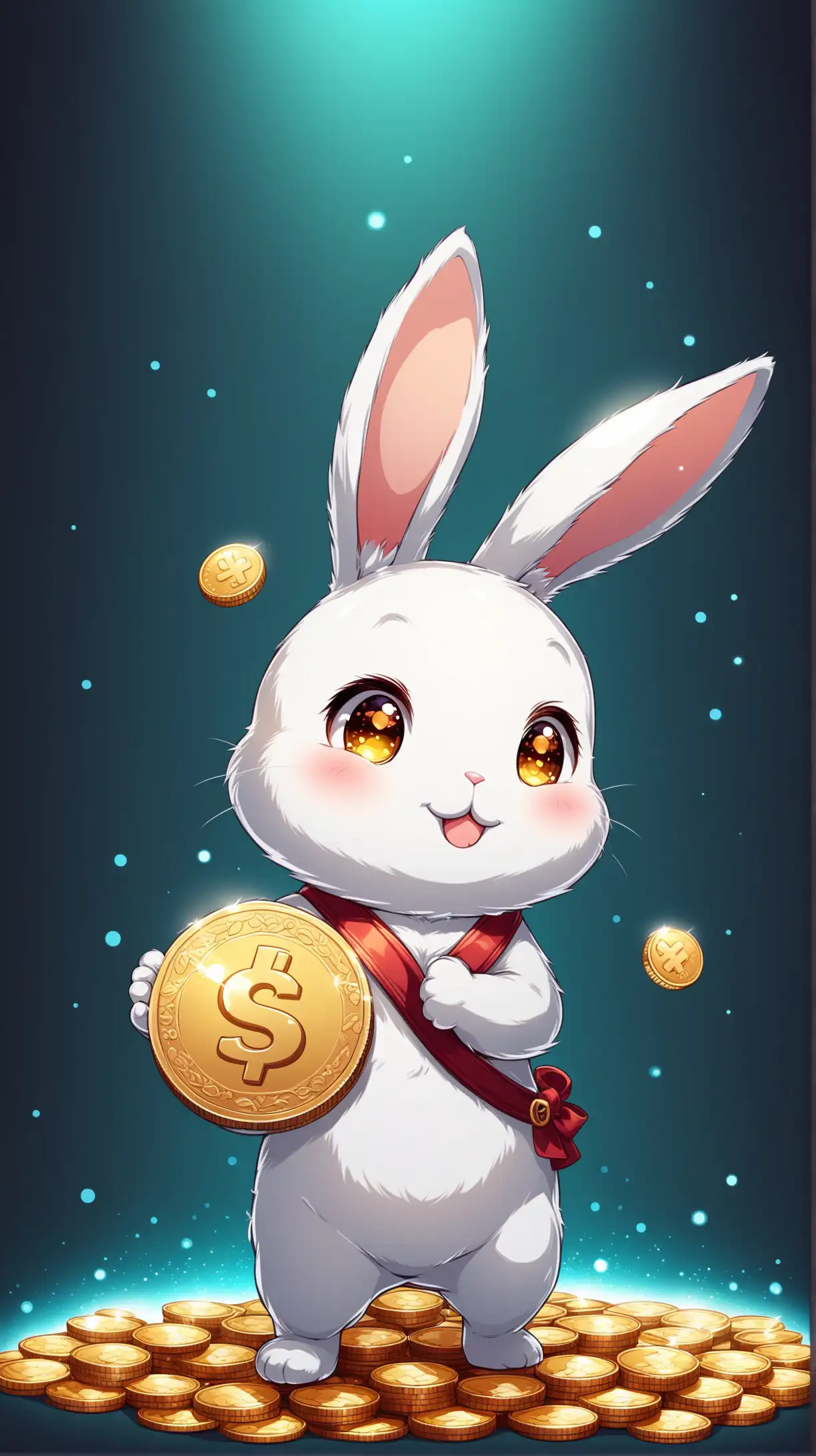 Cute rabbit cartoon character whose body is made from silver , carry coin, mysterious background 