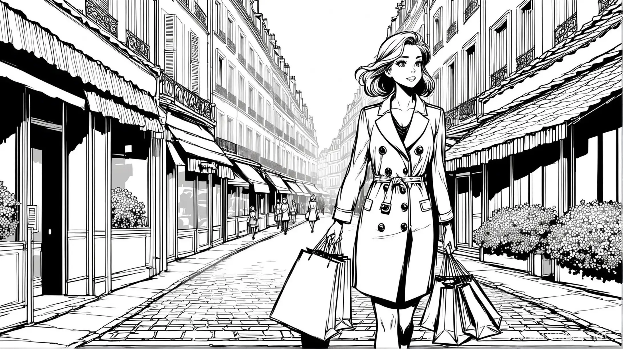 a fashionable women holding shopping bags walking down a street in paris. comic,cartoon,coloring page, black and white