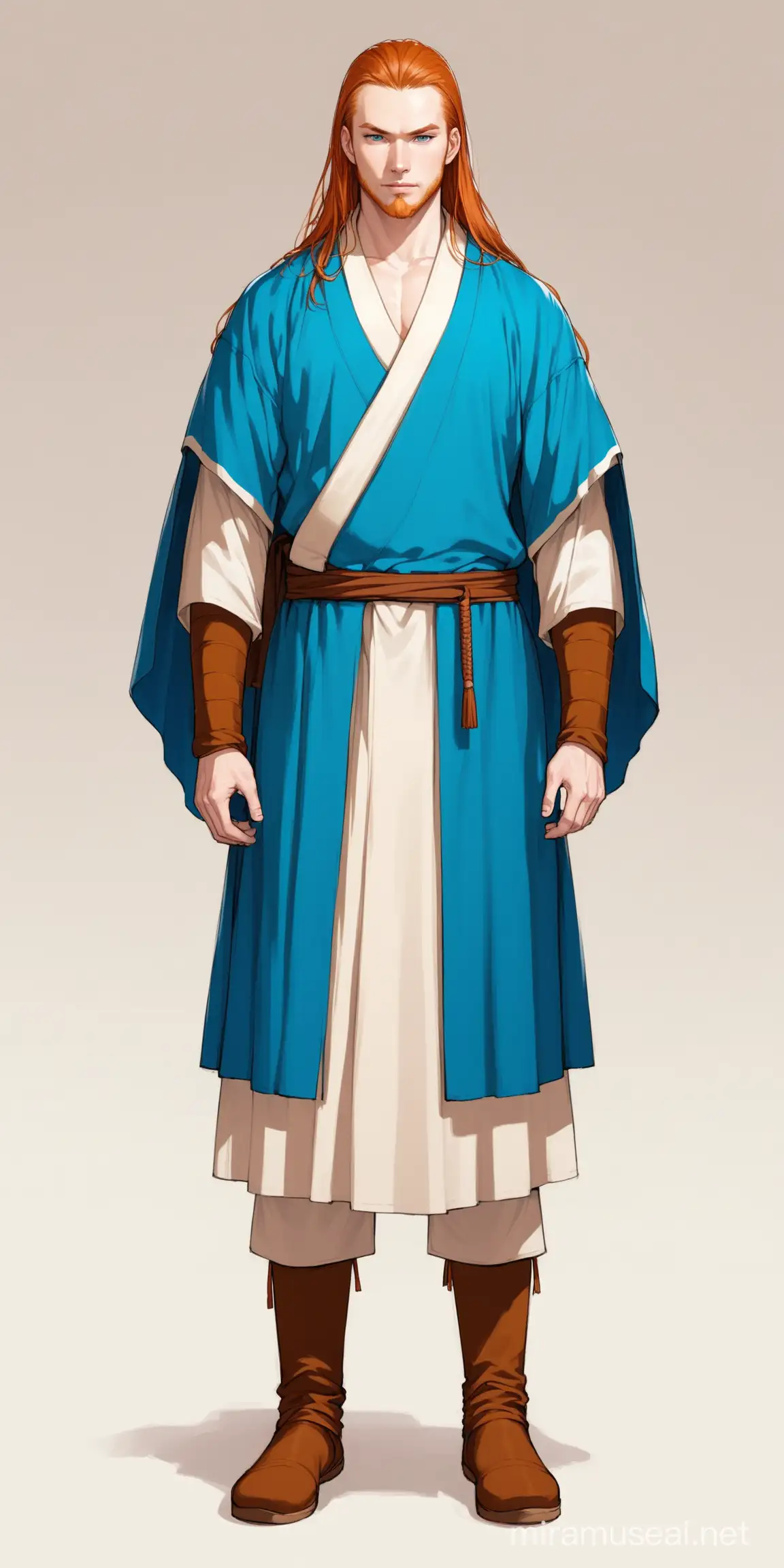 caucasian man, warrior monk, white and blue robe, ginger hair, brown boots, standing, long hair