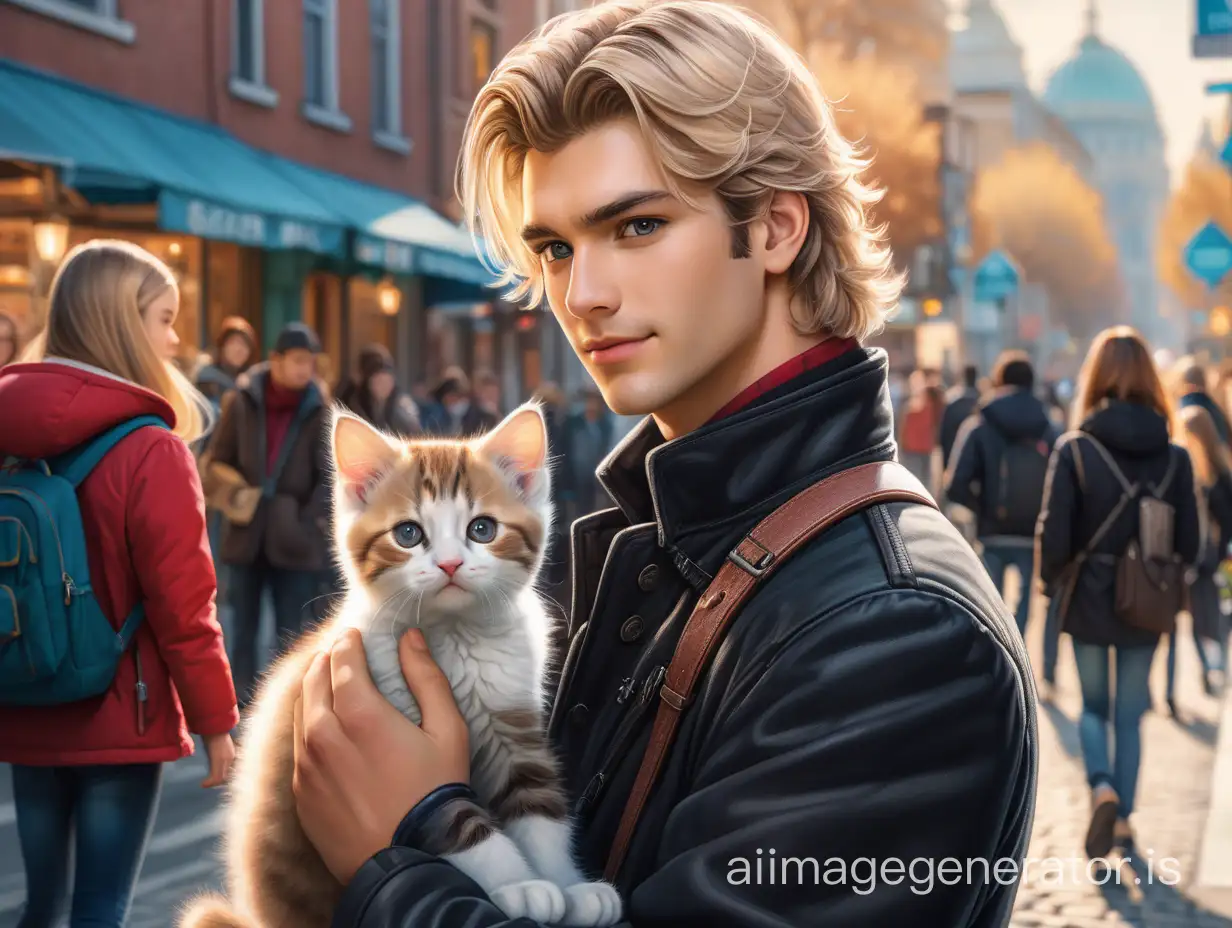 Adorable-Couple-with-Kitten-on-Bustling-Urban-Street