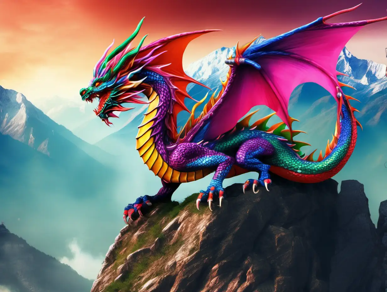 Vibrant Dragon Soaring Over Majestic Mountains