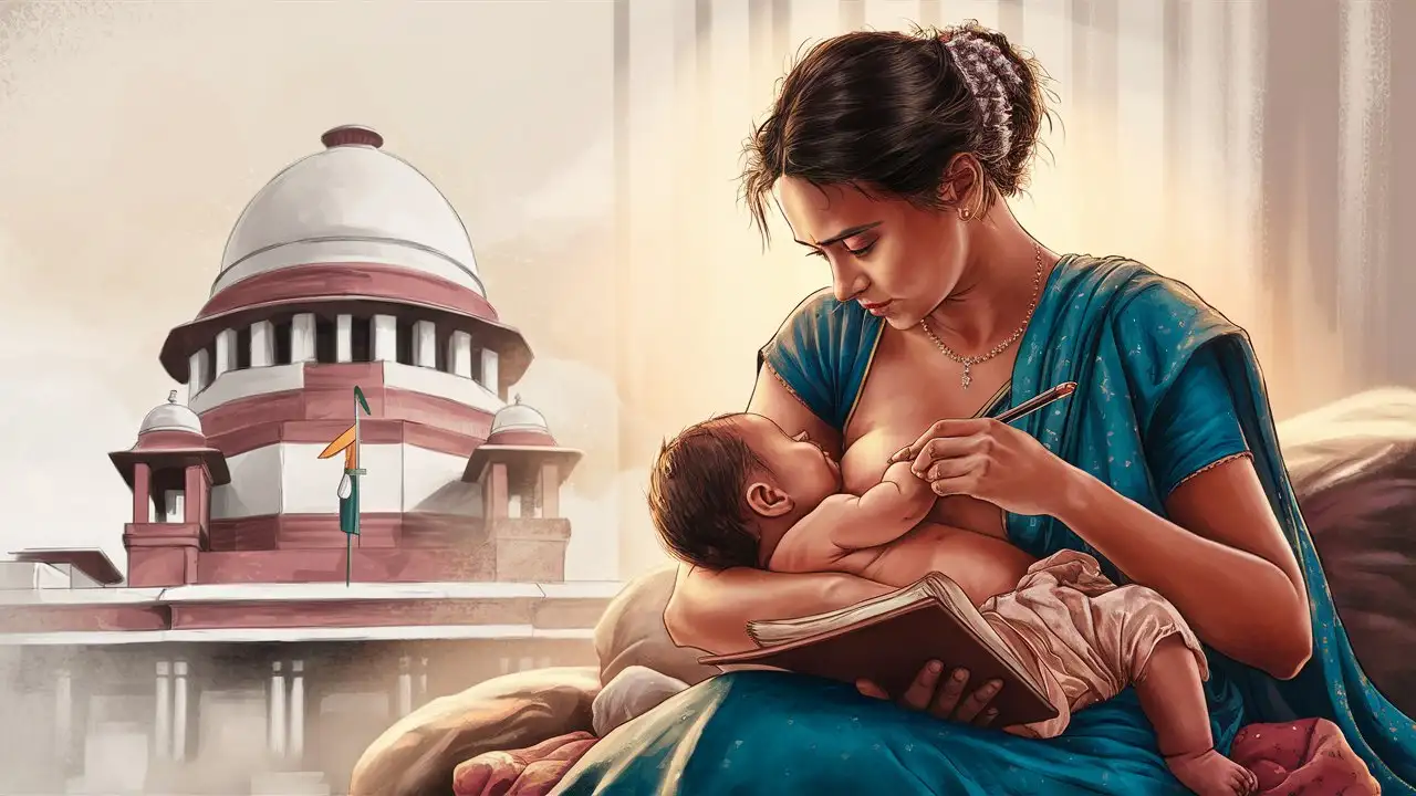 Indian woman breastfeeding her baby on the bed and writing something in a notebook, supreme court in India in background, detailed