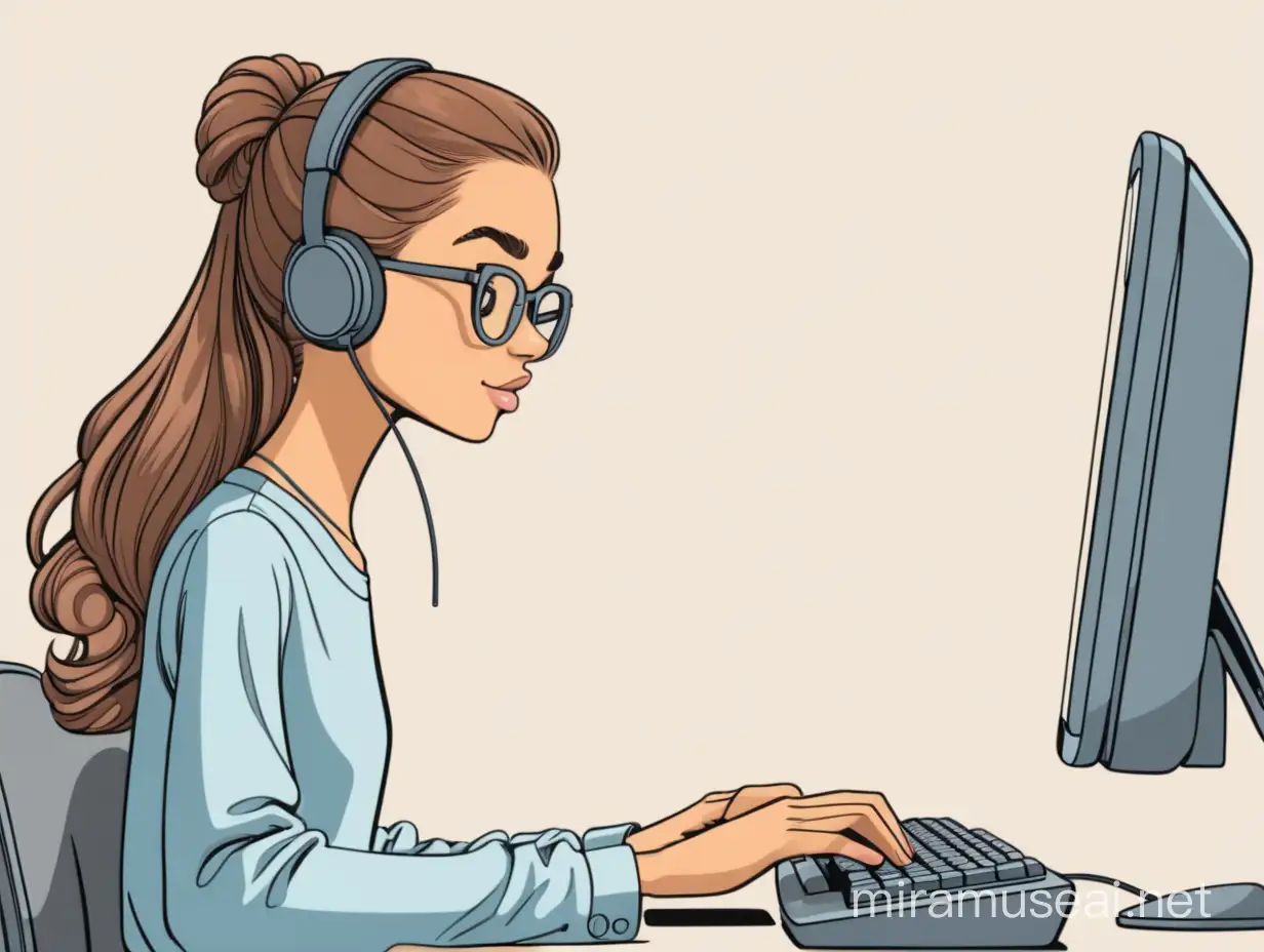 20 y.o. woman typing at a computer, cartoon style