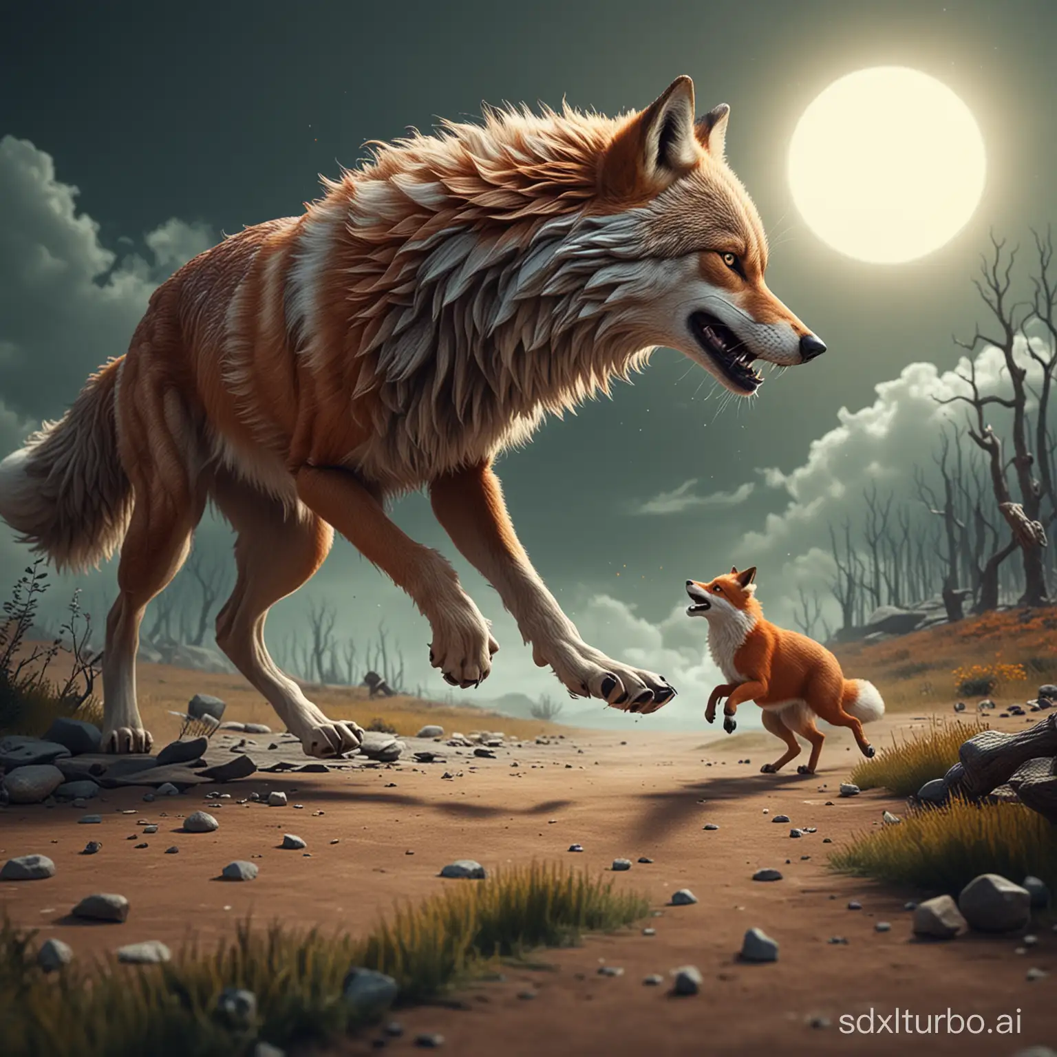 the wolf runs away from the fox, 3D style, fantasy
