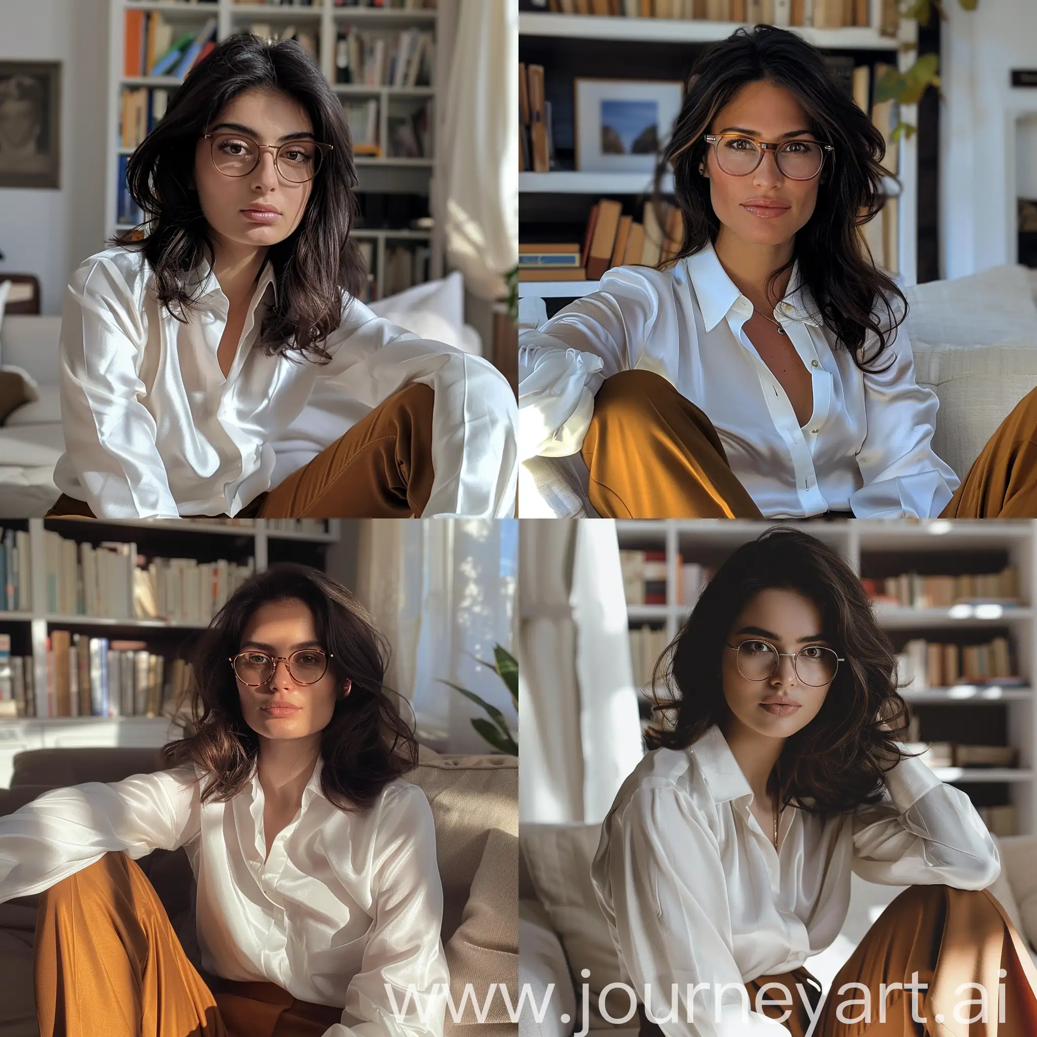 Photo of a 35 year old woman, thin, very thin, dark brown hair, full, serene look, thoughtful, slight smile, natural photo, sitting on the sofa, Photo of a distracted woman, not looking directly at the camera, wearing glasses, wearing a white shirt silk and caramel-colored tailored pants, taken with a Samsung A30 cell phone, Make sure the background is well defined in the image, daylight, bright environment with a shelf of books in the background,