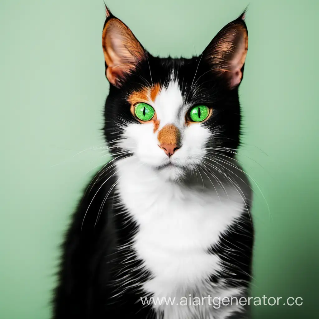 чёрный белый рыжий цвета кот с зелеными глазами 
