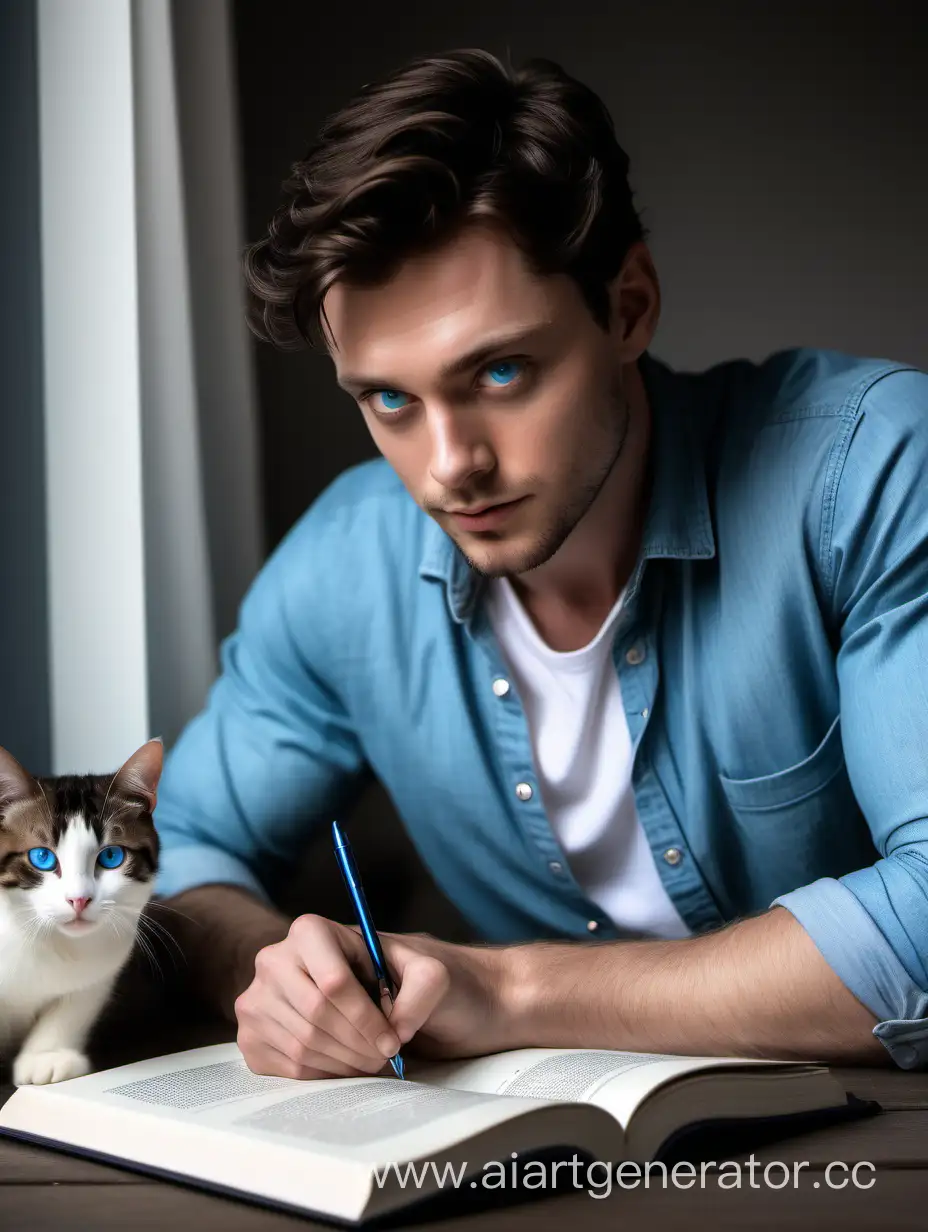 Мужчина брюнет с синими глазами пишет книгу про кота