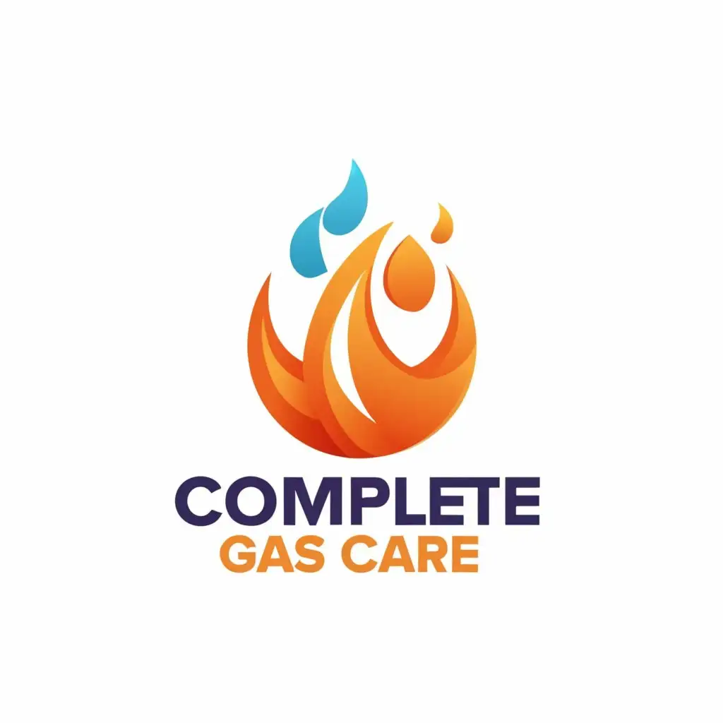 a logo design,with the text "Complete Gas Care", main symbol:gas flame, gas log fire,Moderate,be used in Home Family industry,clear background, modern font in blue/orange/pink brand colours
