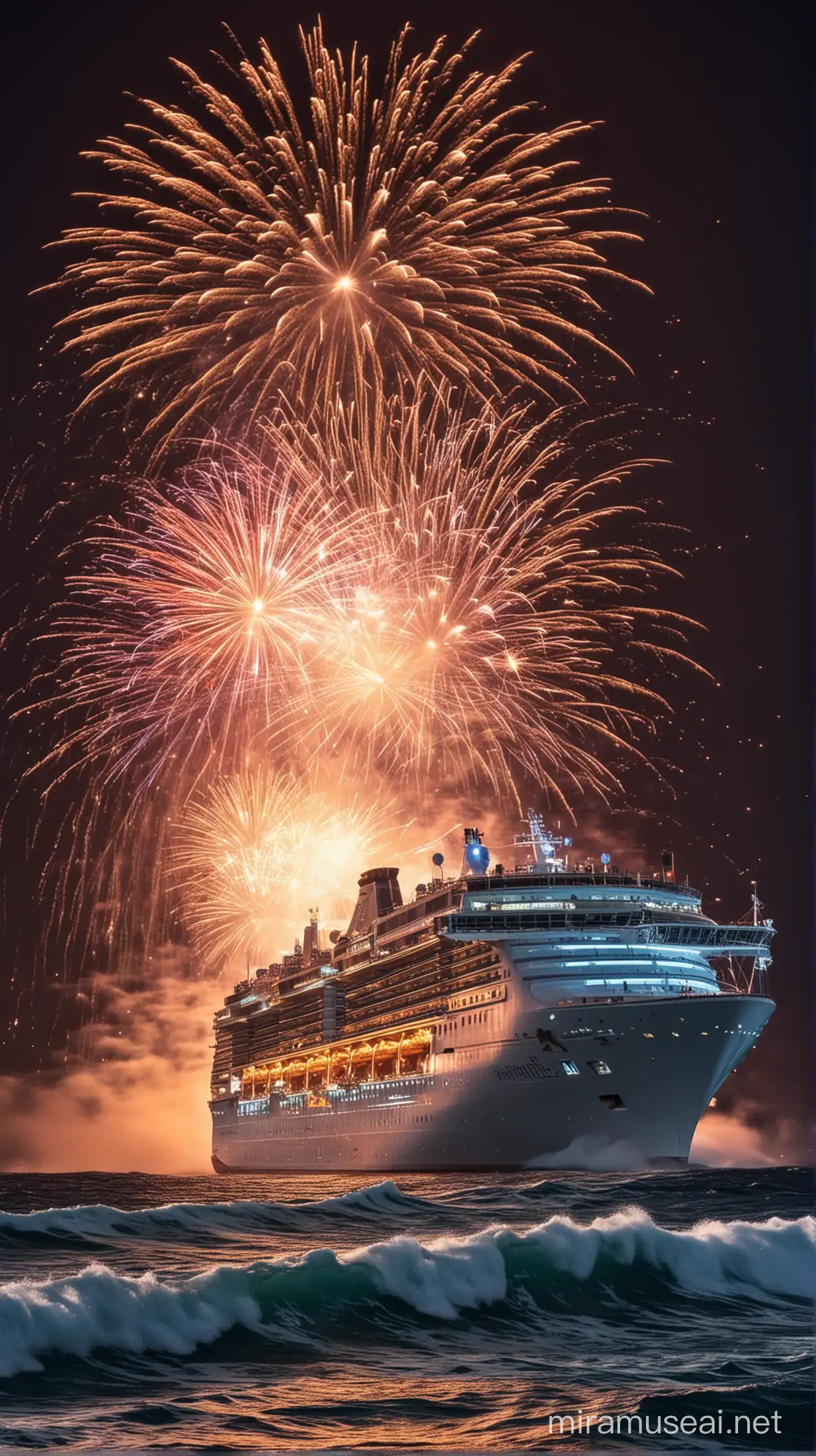 Nighttime Celebration on a Cruise Ship with Fireworks Over the Sea