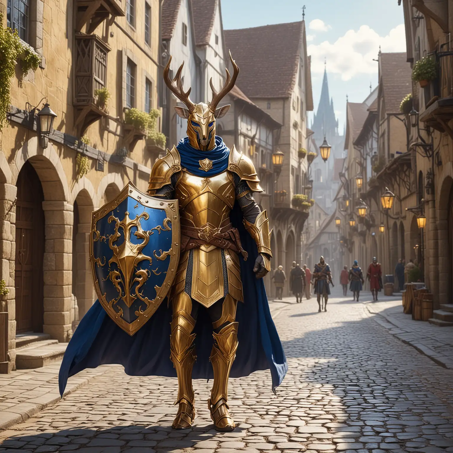 humanoid deer paladin in golden armor with royal blue cloak holding a large shield walking through a medieval town