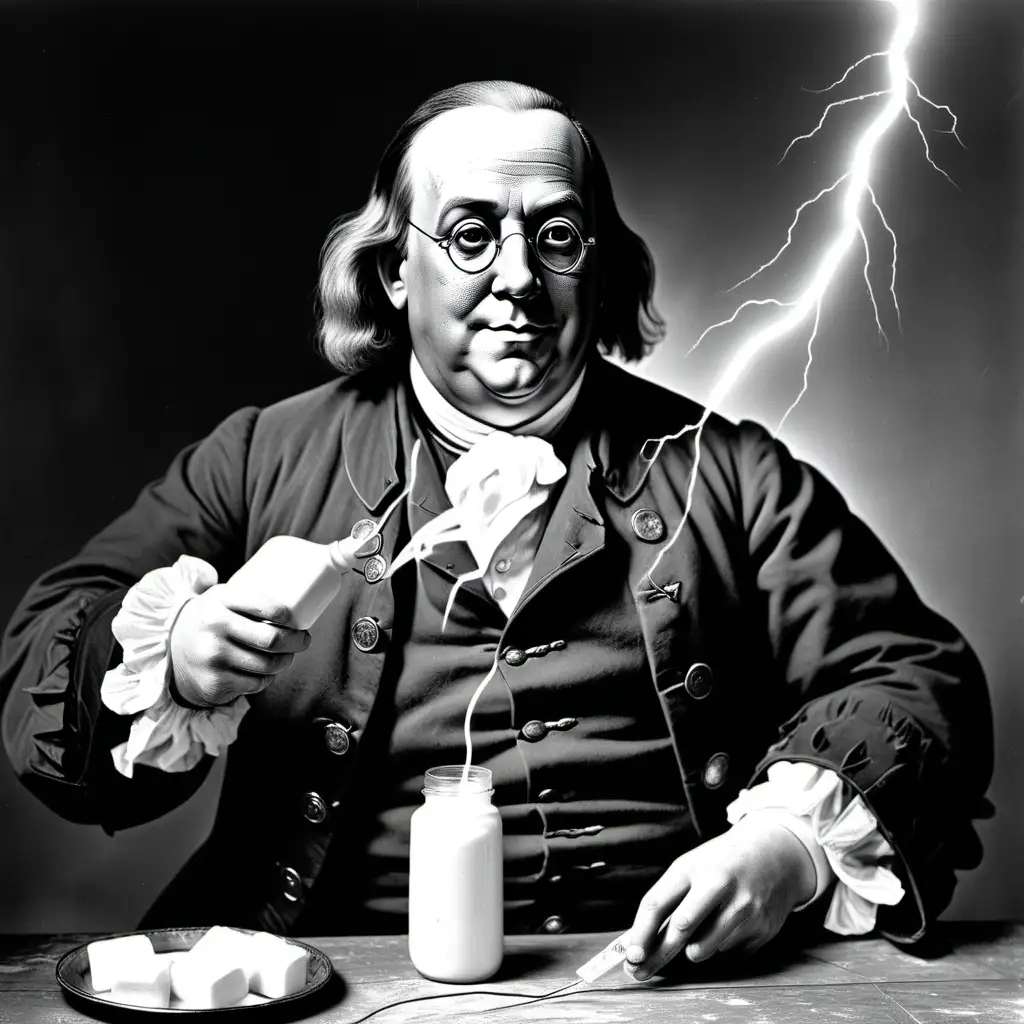 Old photo of Benjamin Franklin using mayonnaise to conduct electricity 