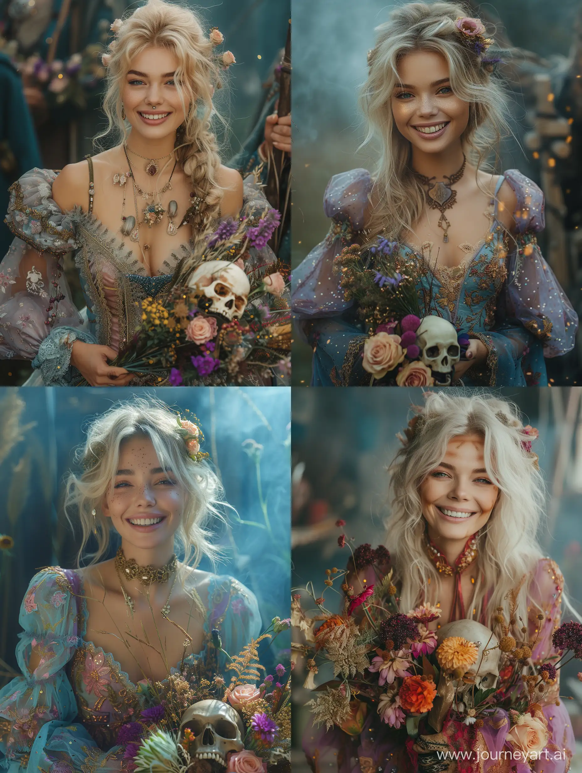 Mystical-Blonde-Witch-in-Russian-Dress-Holding-Flowers-and-Skull