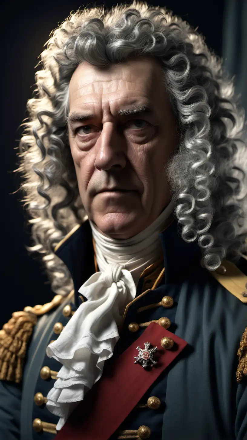 Almirante inglés, pelo canoso rizado, años 1700, imagen ultra realista, iluminación cinemática, alta definición, 8k 