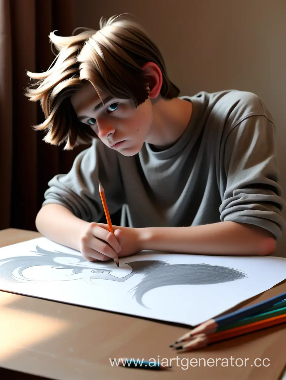 Подросток рисует на листе карандашом