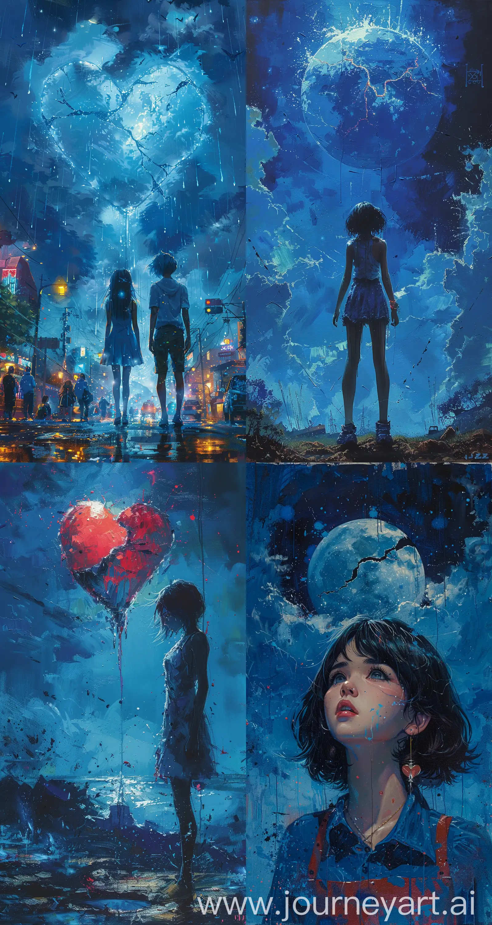 uhd acrylic ink painting. horror 90s retro manga girl. in a surreal blue setting. a giant broken heart in the sky, deep rich triadic colors, predominant blue hues.  Cinematic glow.--stylize 750 --ar 68:128 --stylize 750 --v 6