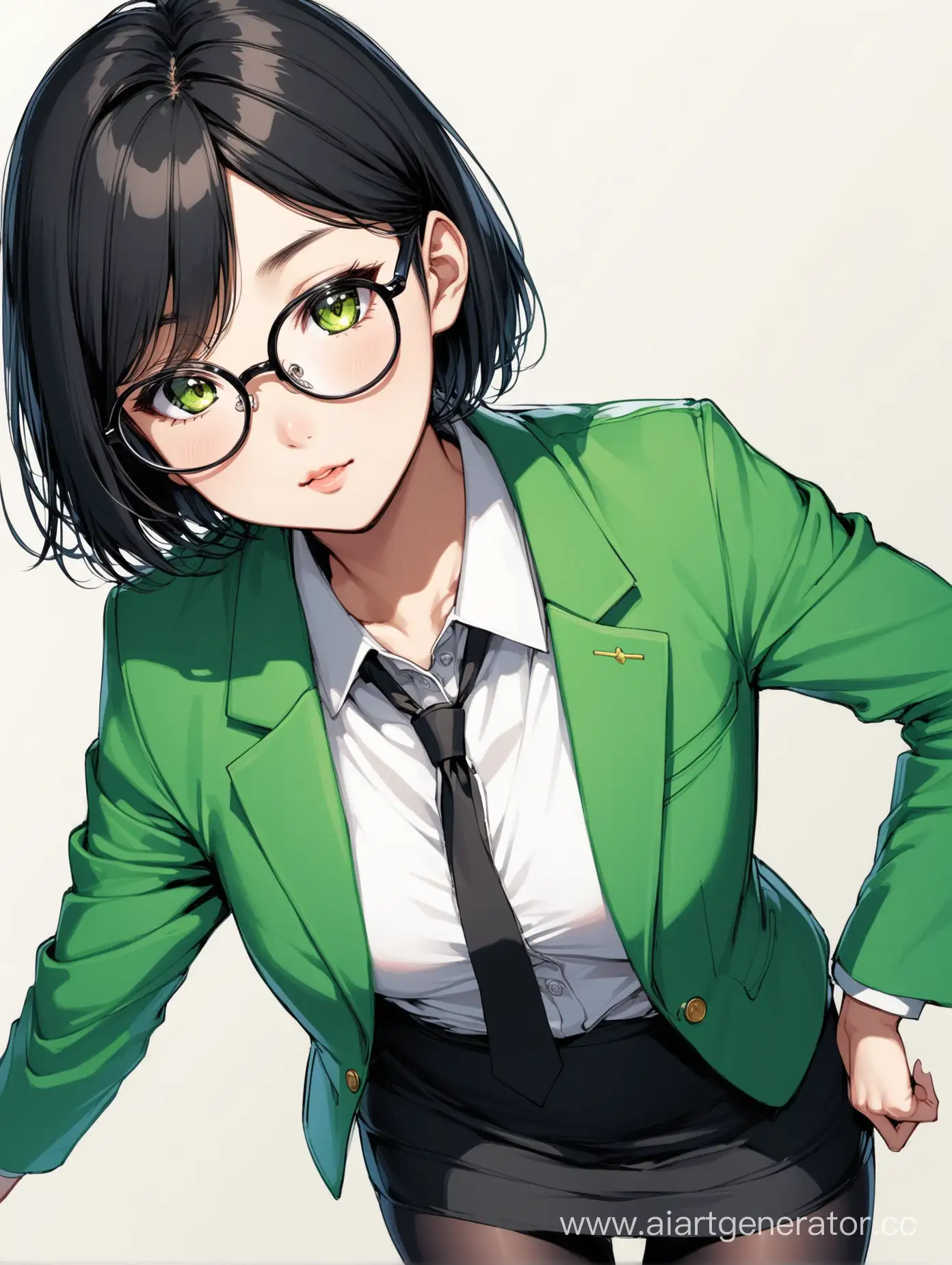 Asian Female character, teenager, skinny body, short black hair, green office blazer, black office skirt, black stockings, glasses