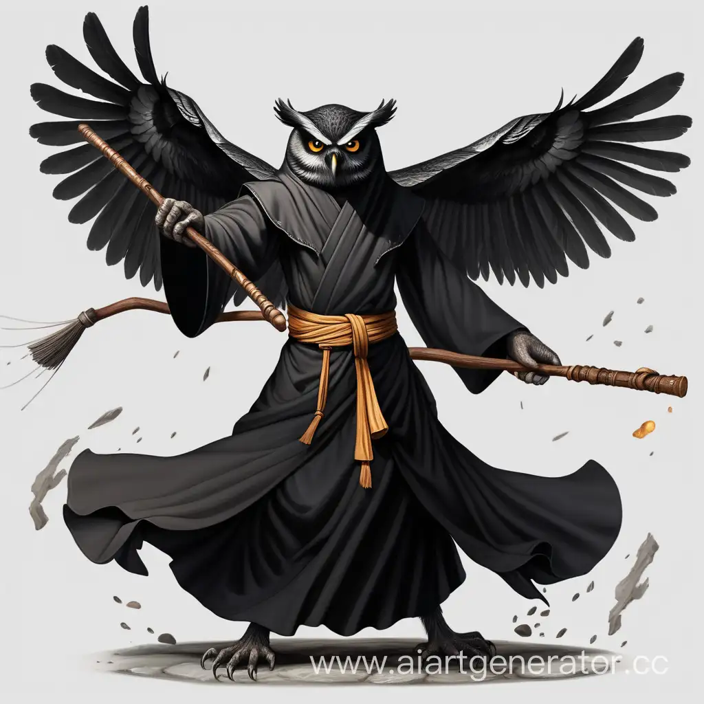 Человек черная сова монах с крыльями в боевой стойке с посохом