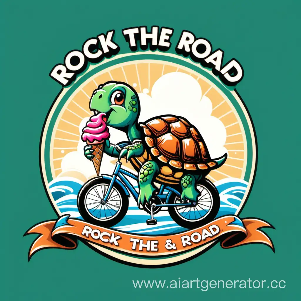 логотип ROCK THE ROAD, черепаха на велосипеде с мороженным