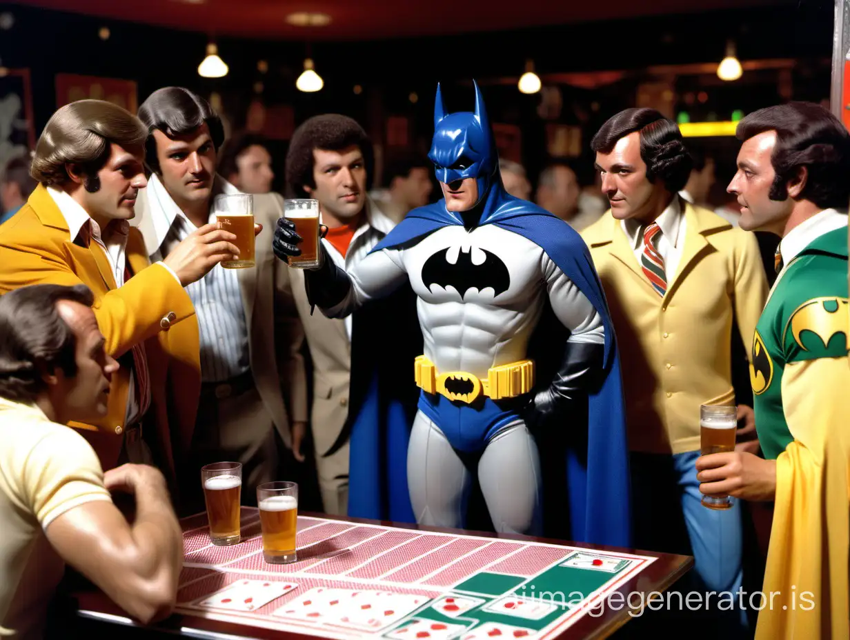 1970s Batman action figure dressed in fabric costume with sports jersey, surrounded by men, drinking beer, setting is a sports-themed bar, playing cards