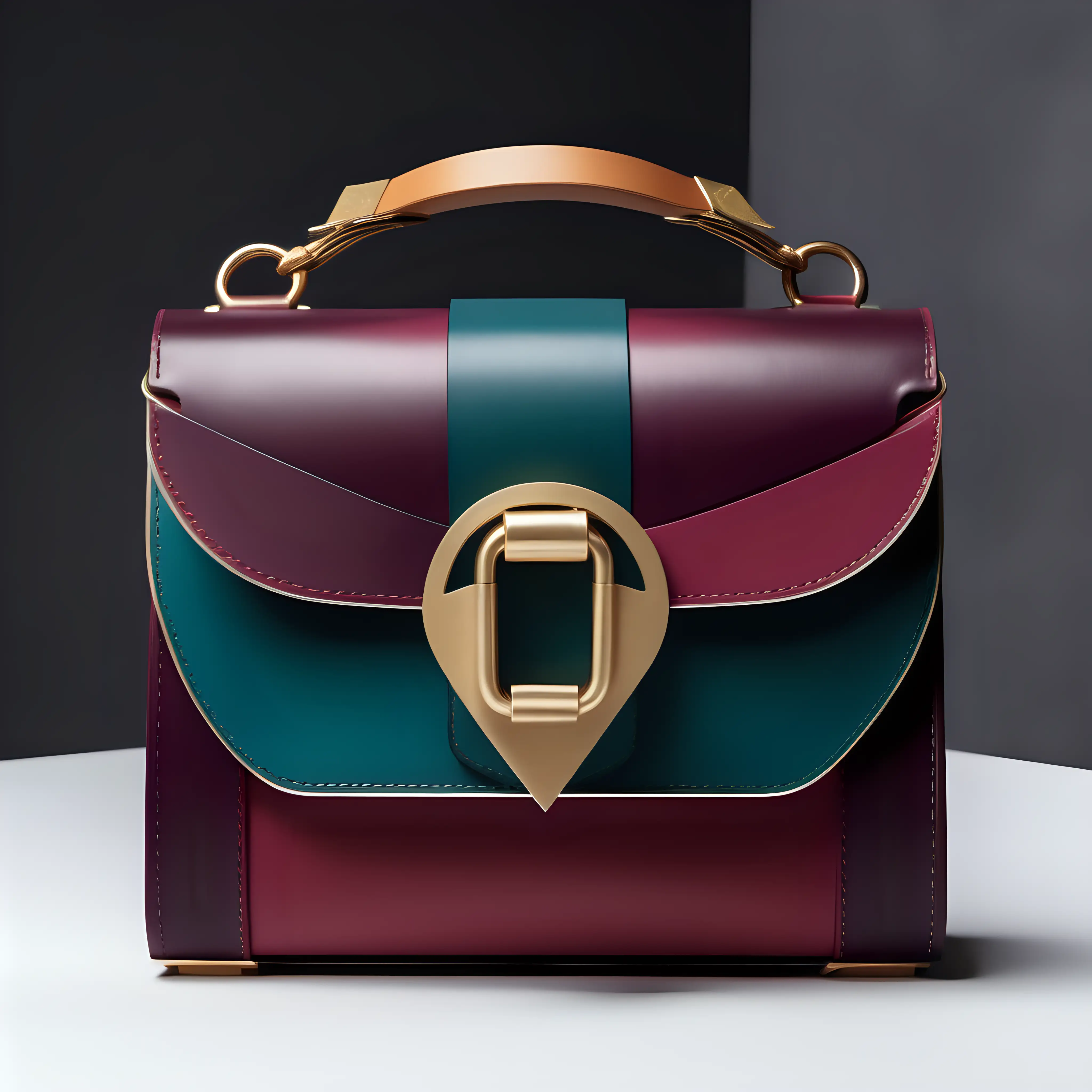 Art Nouveau motiv inspired luxury small  bag  leather with flap and metal buckle- geometric shape - frontal view  - inserts color block - Burgundi shades